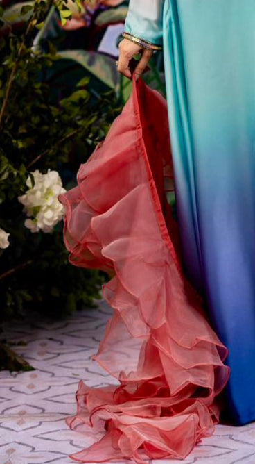 Ruffled Organza Dupatta in Coral Pink