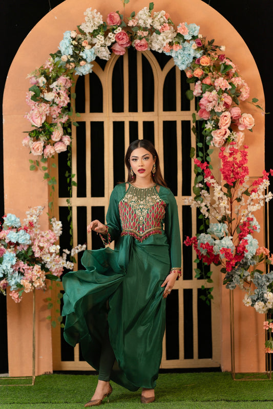 Emerald Drape Embroidered Gown