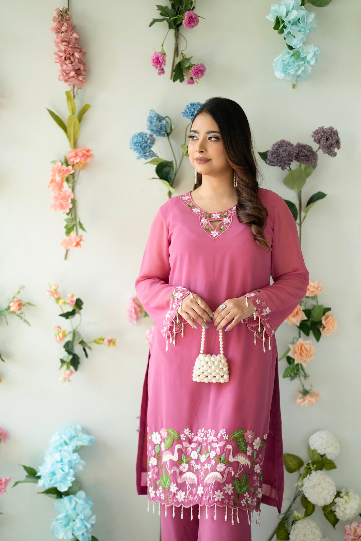 Pink Floral Embroidered Kurti Set