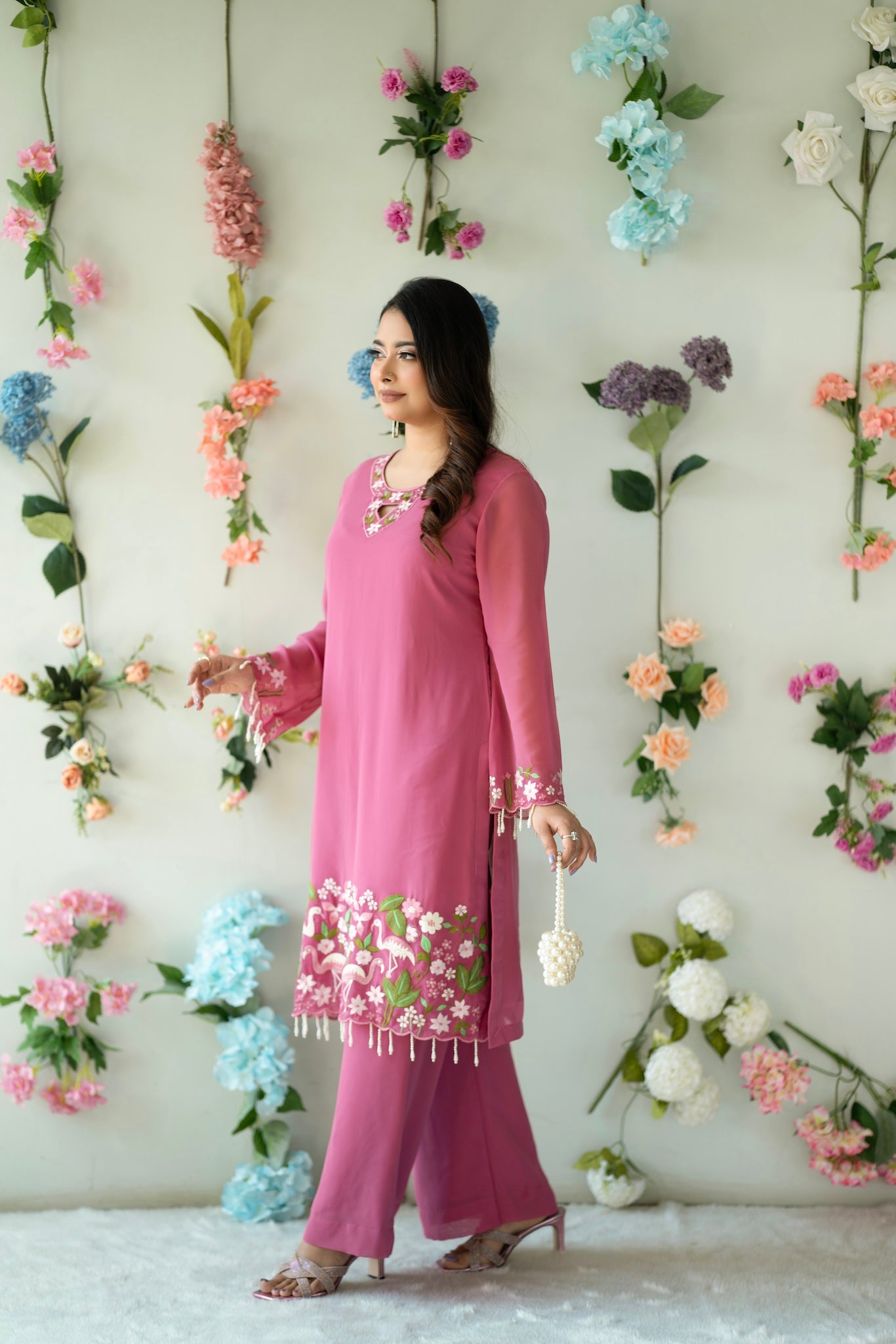 Pink Floral Embroidered Kurti Set