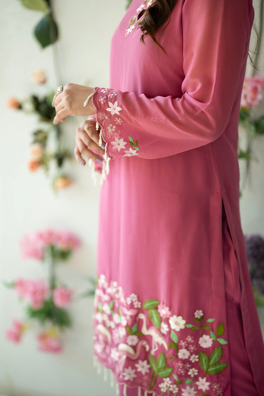 Pink Floral Embroidered Kurti Set