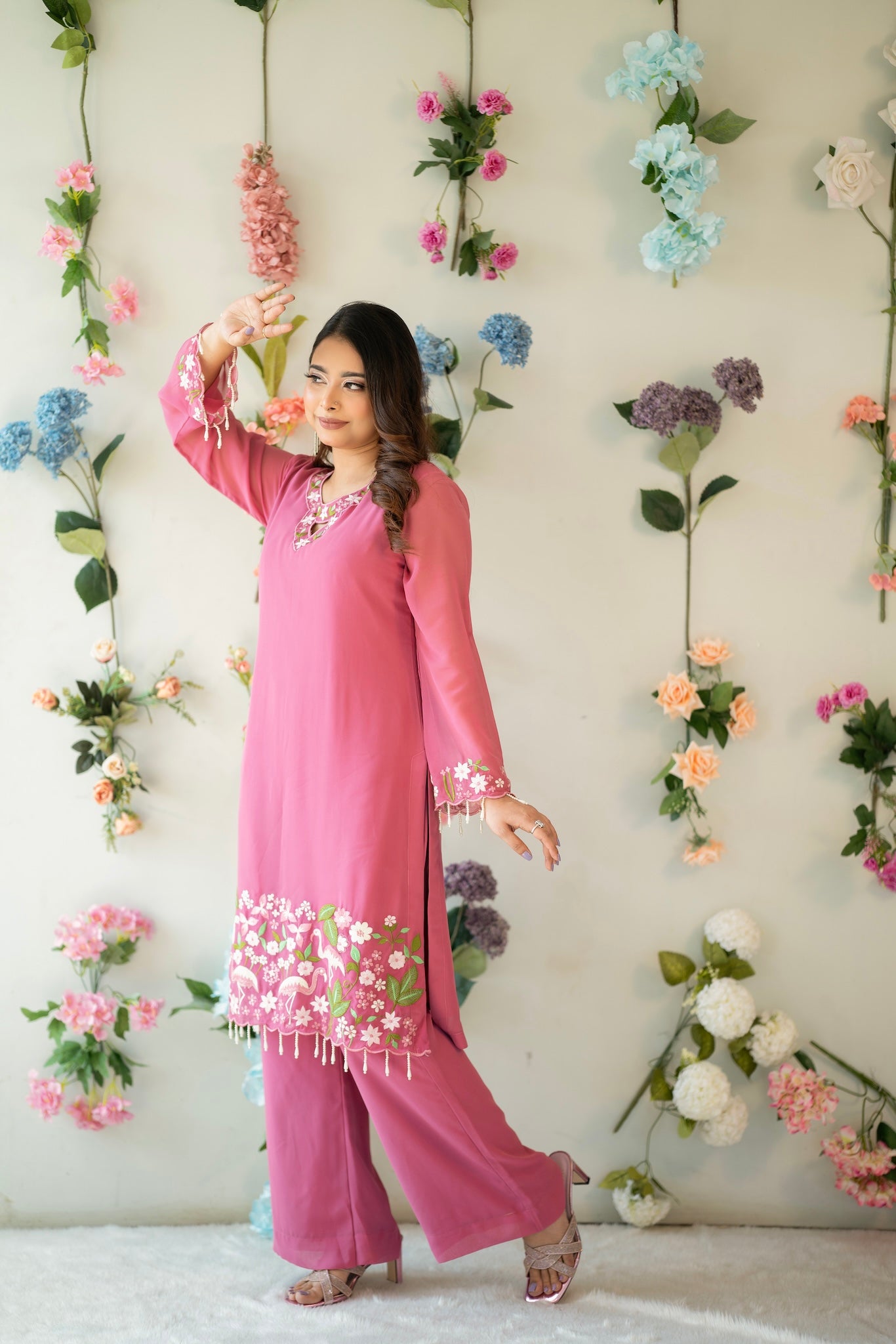 Pink Floral Embroidered Kurti Set