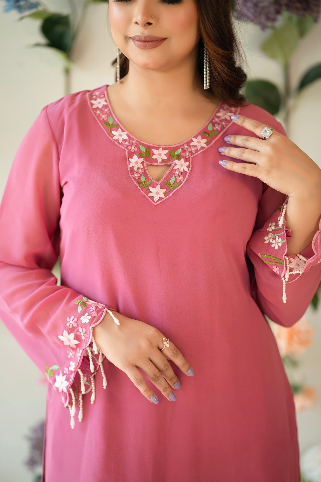 Pink Floral Embroidered Kurti Set
