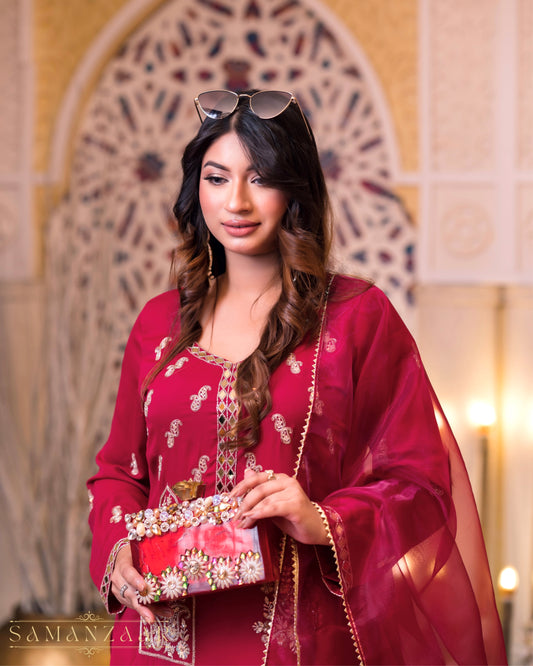 Elegant Crimson Embroidered Kurti Set