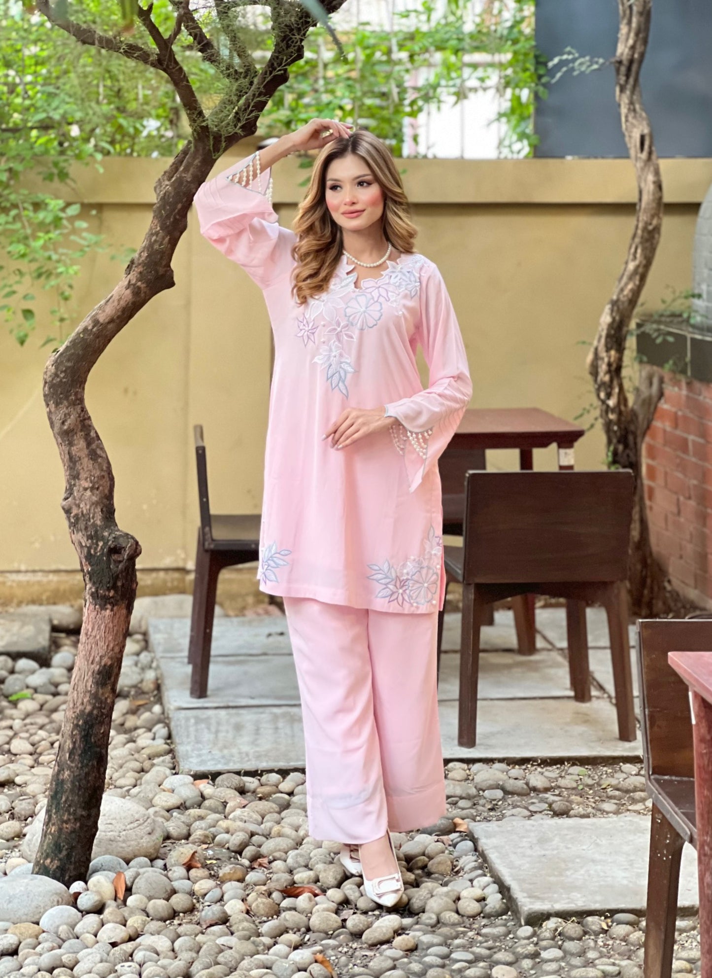 Soft Pink Floral Embroidered Two-Piece Set