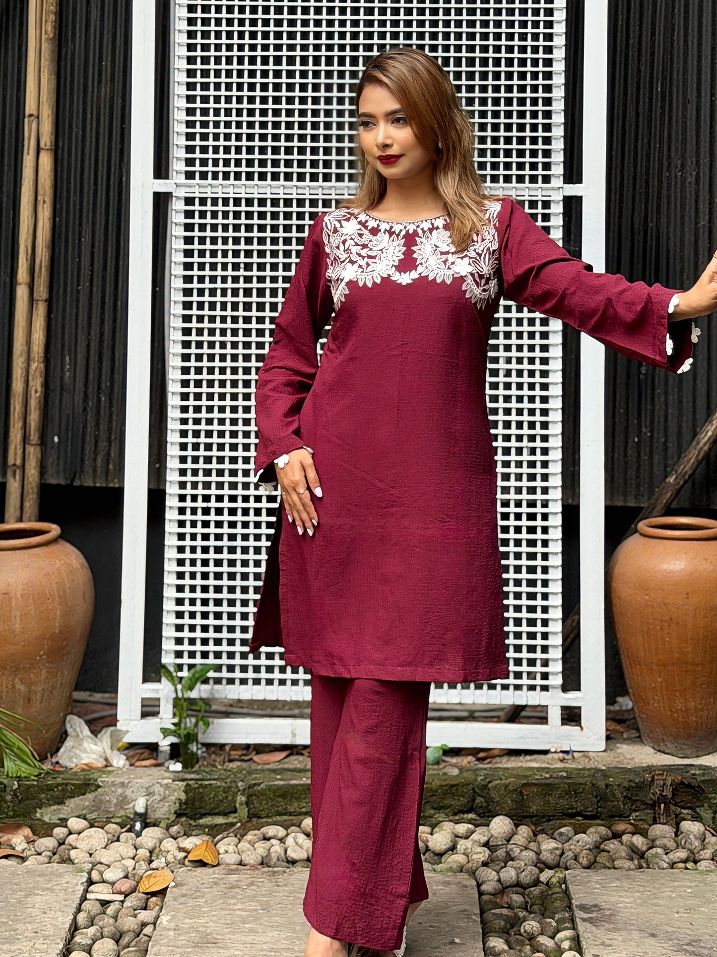 Maroon White Embroidered Co-ord Set