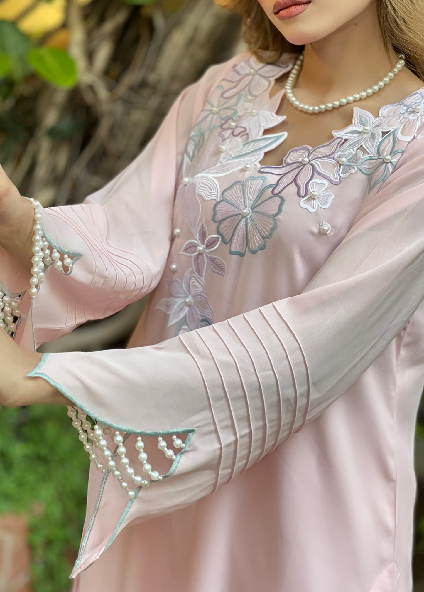 Soft Pink Floral Embroidered Two-Piece Set