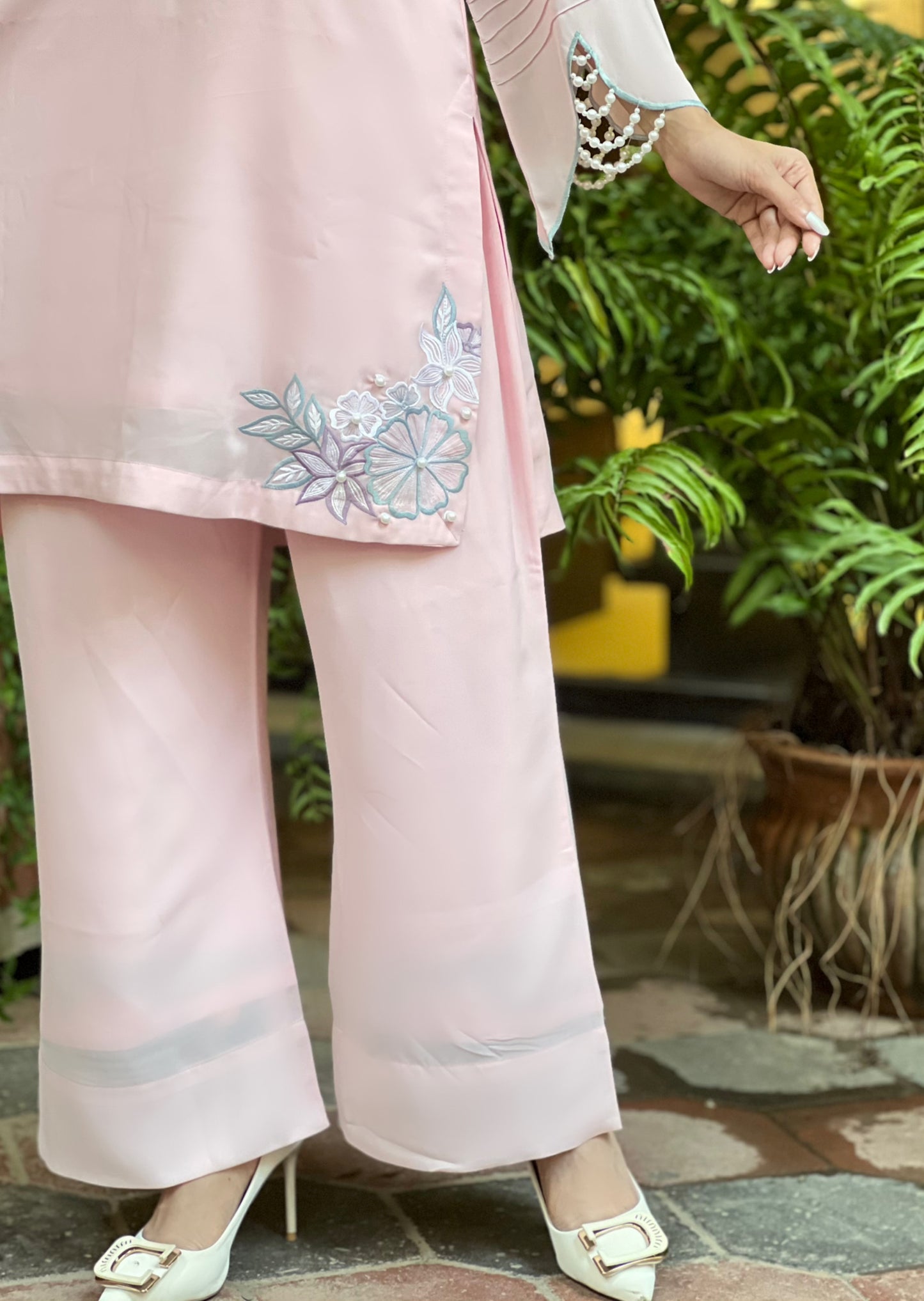 Soft Pink Floral Embroidered Two-Piece Set