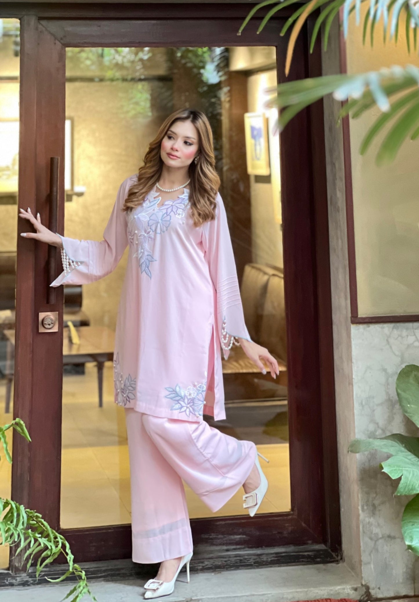 Soft Pink Floral Embroidered Two-Piece Set