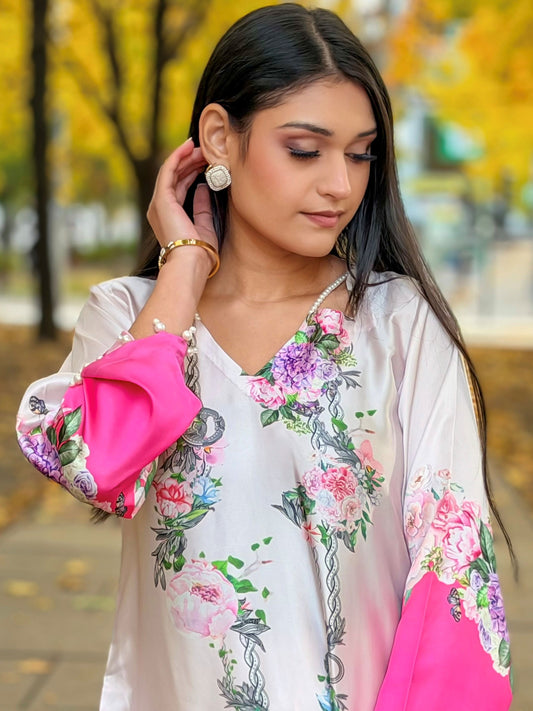 Blooming Grace – Pink & White Floral Kameez And Pant Set
