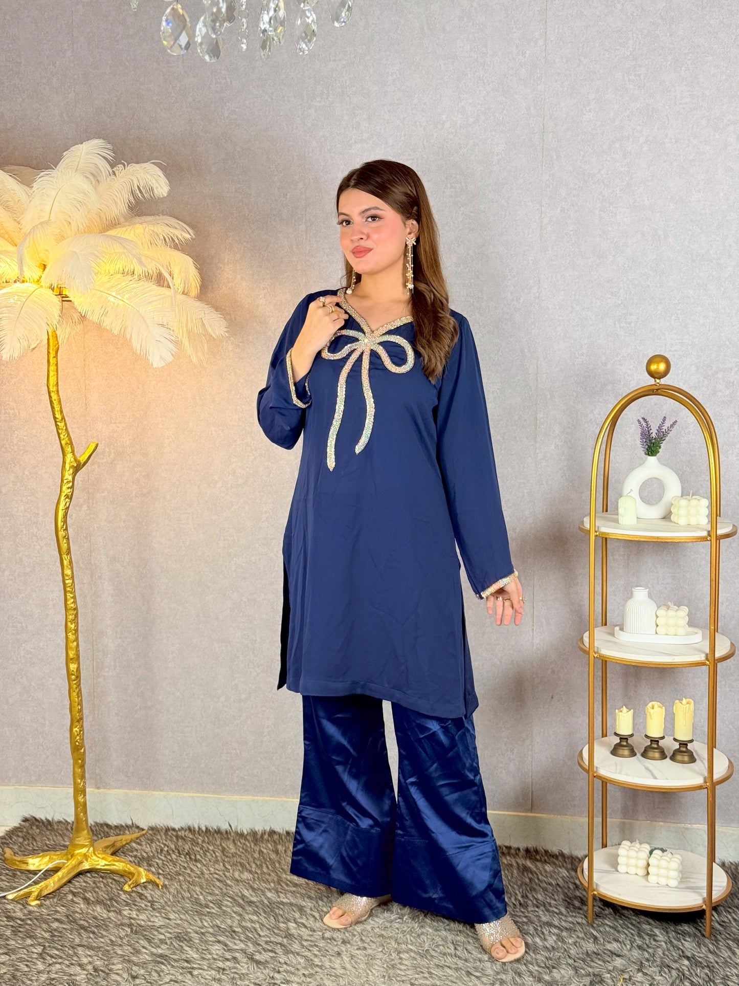 Midnight Elegance – Navy Blue Embellished Kurti Set