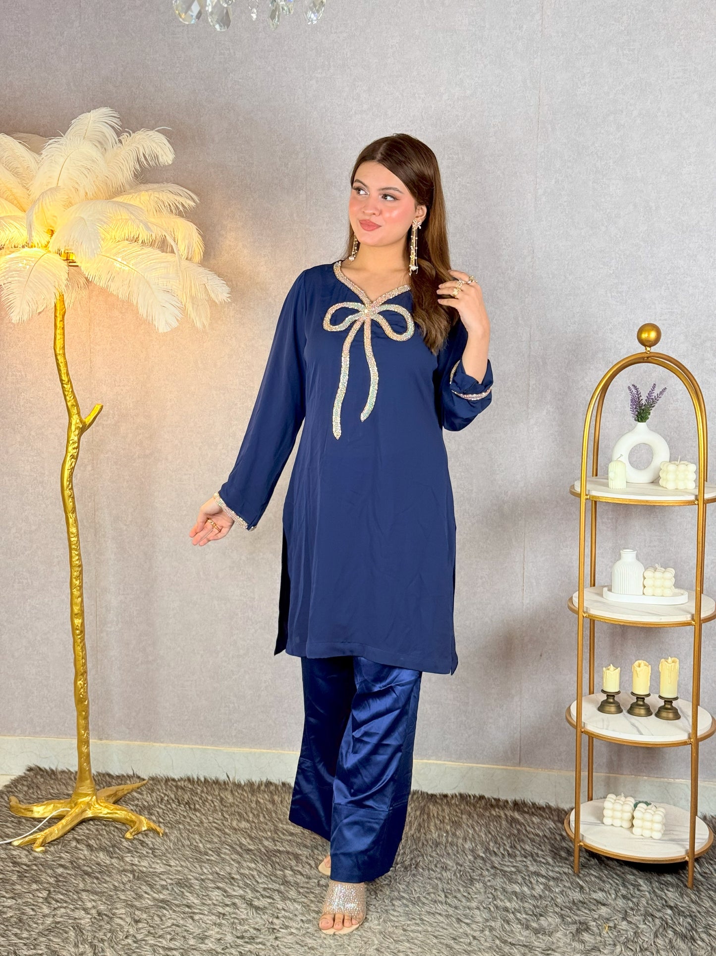 Midnight Elegance – Navy Blue Embellished Kurti Set