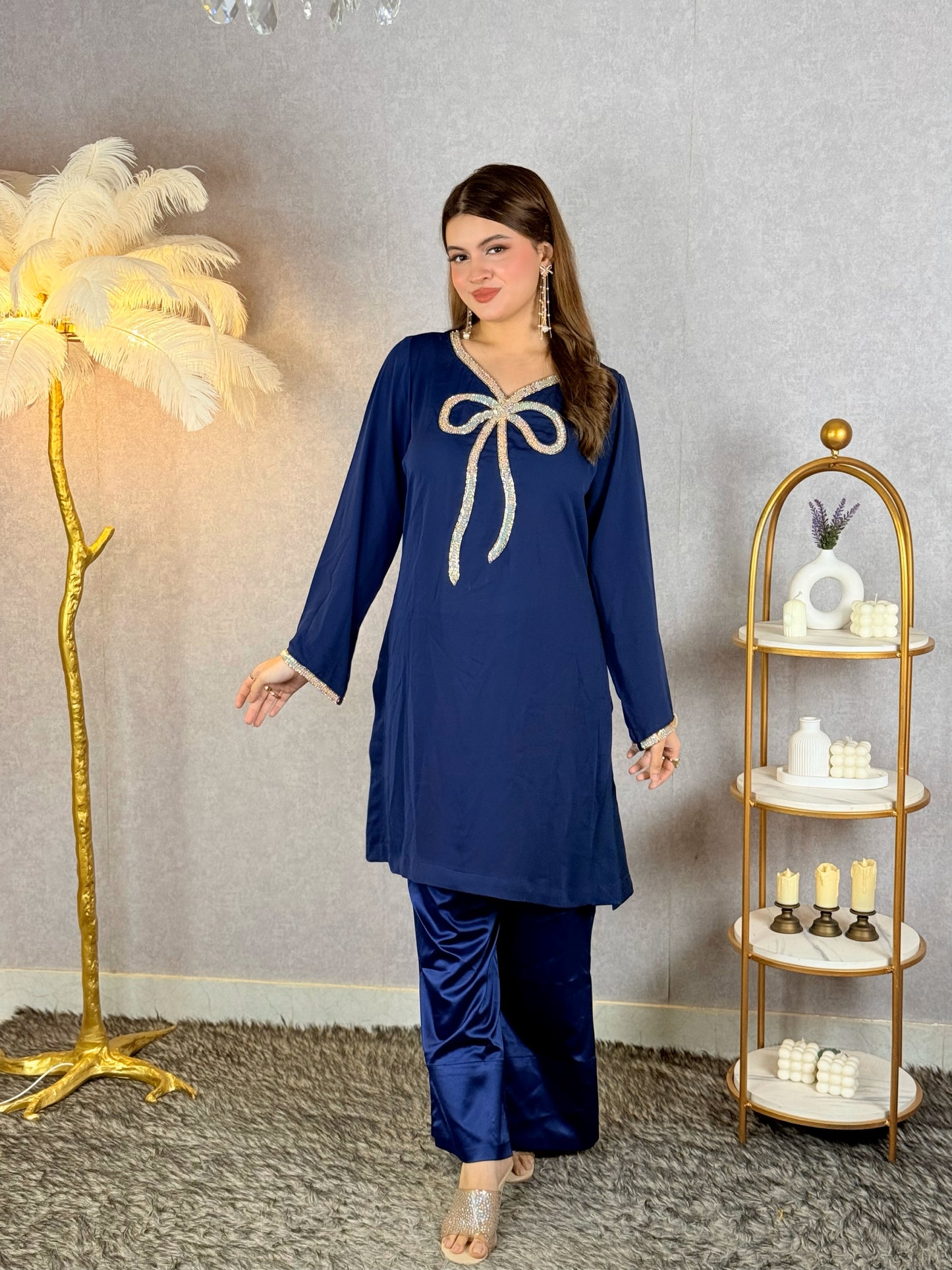 Midnight Elegance – Navy Blue Embellished Kurti Set