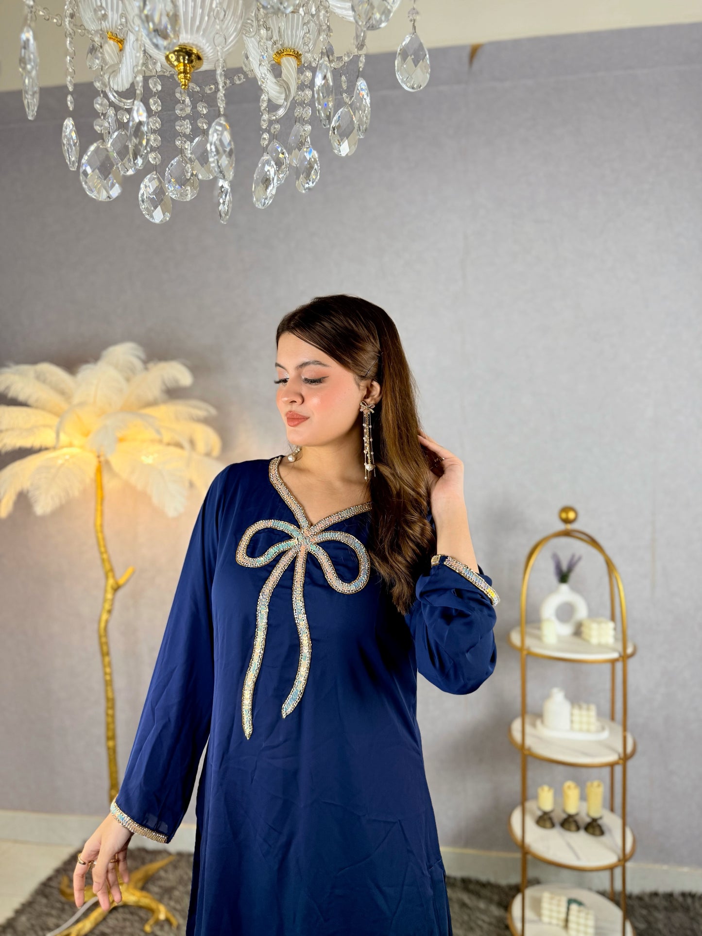 Midnight Elegance – Navy Blue Embellished Kurti Set