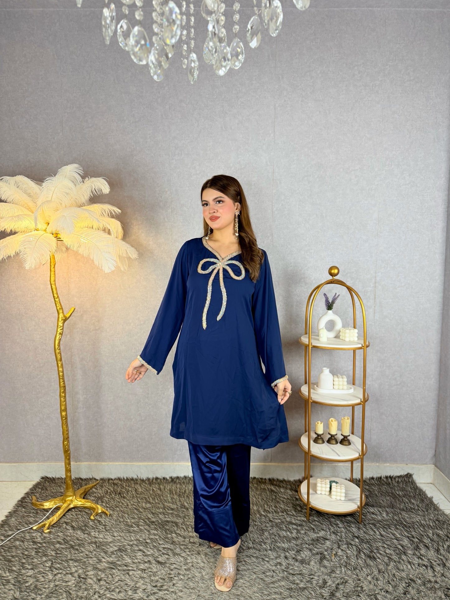 Midnight Elegance – Navy Blue Embellished Kurti Set