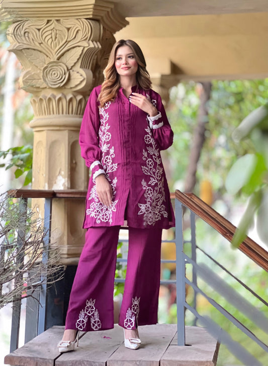 Elegant Magenta Floral Embroidered Two-Piece Set