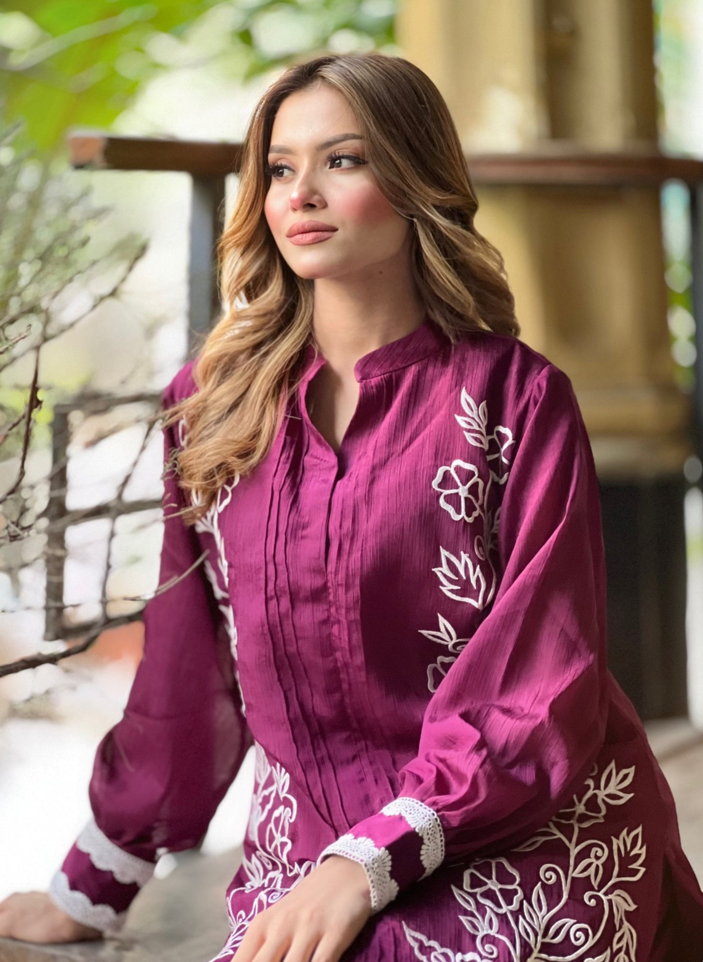 Elegant Magenta Floral Embroidered Two-Piece Set