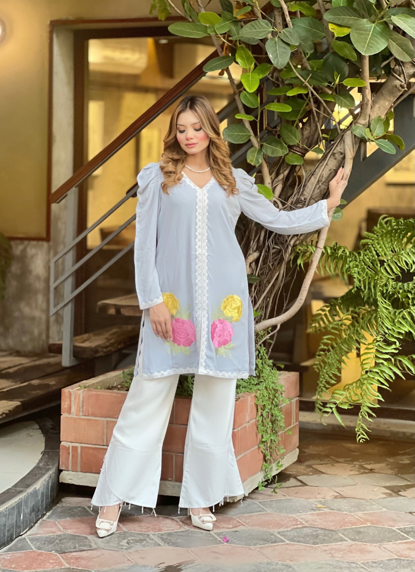 Pastel Embroidered Floral Kurti and Shalwar