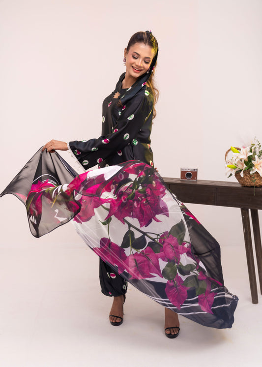 Midnight Bloom Printed Elegance Three-Piece Set