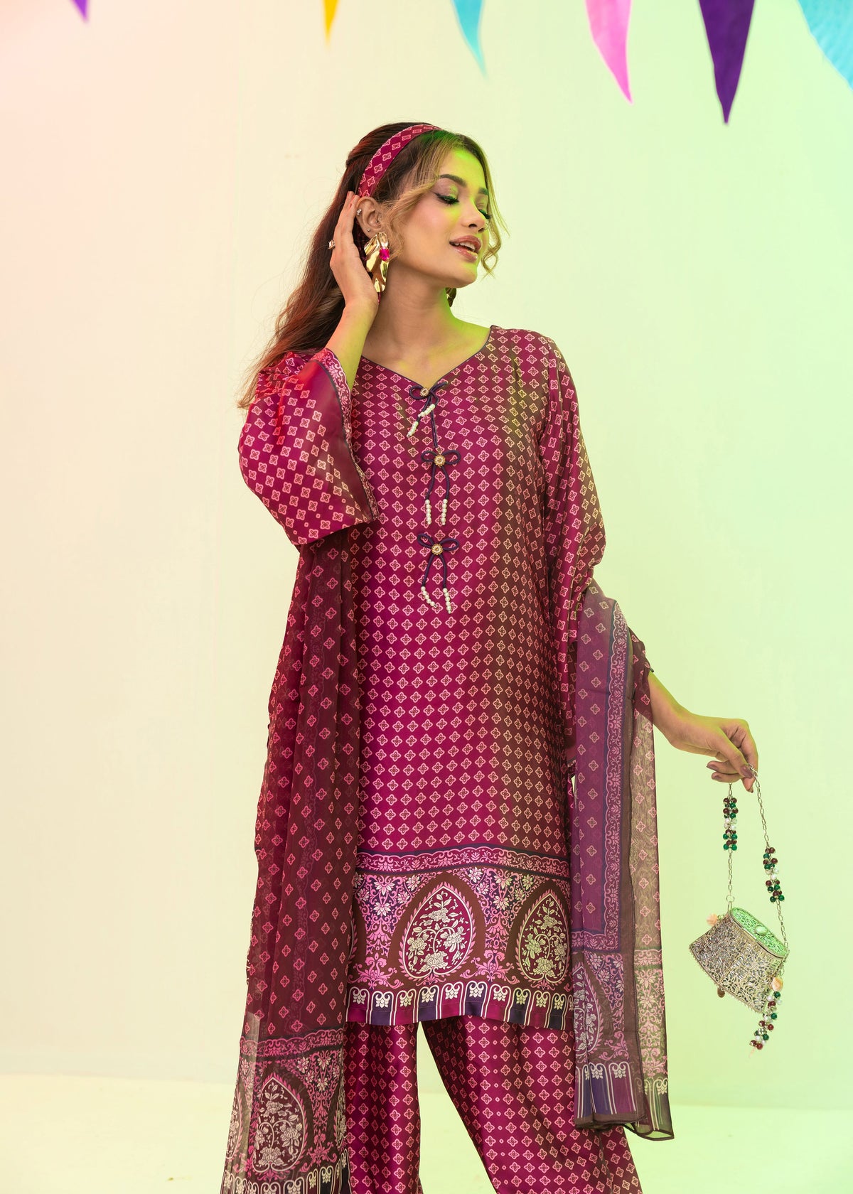 Plum Printed Elegance Three-Piece Set