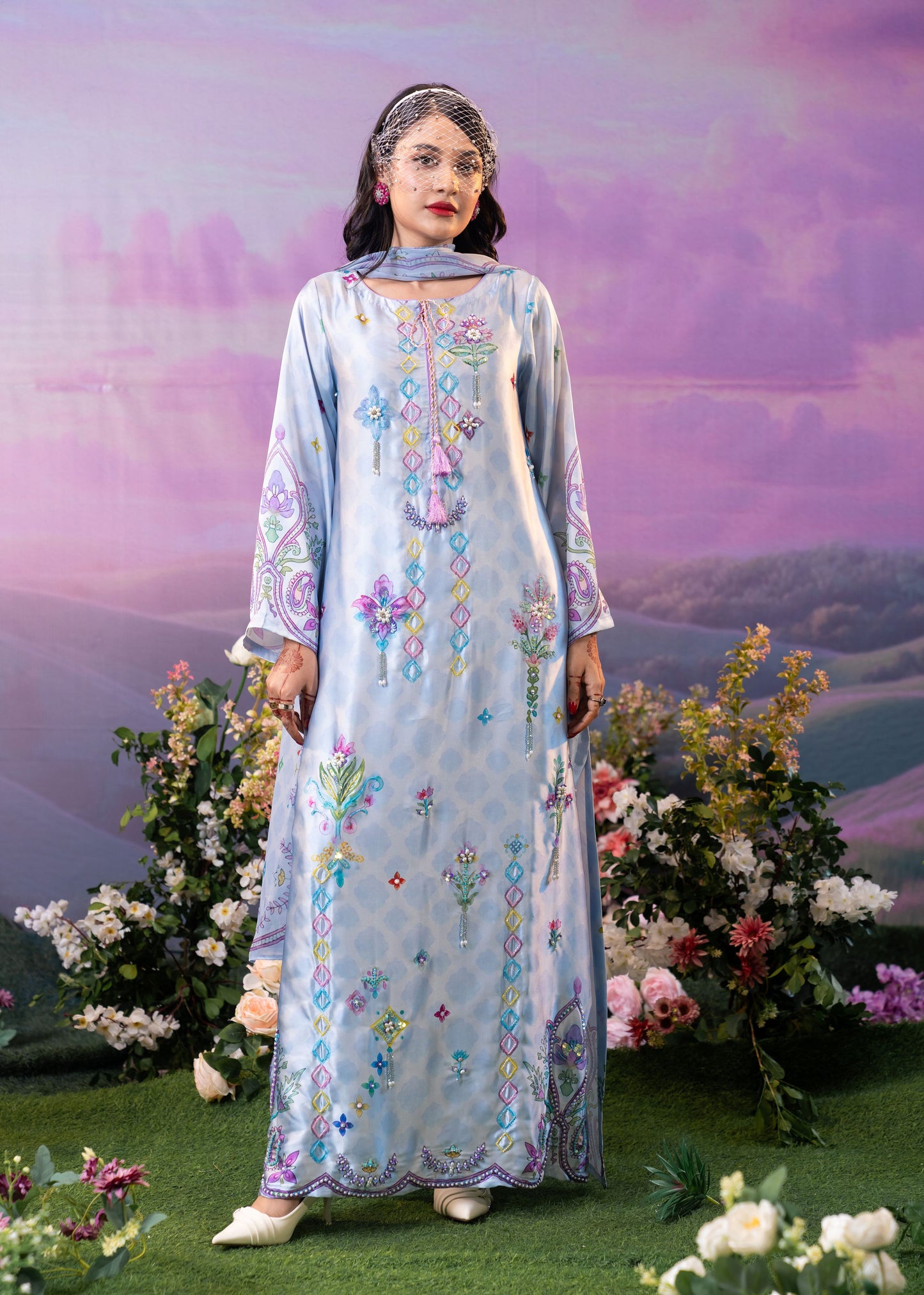 Pastel Blue Floral Printed Kameez And Orna Set