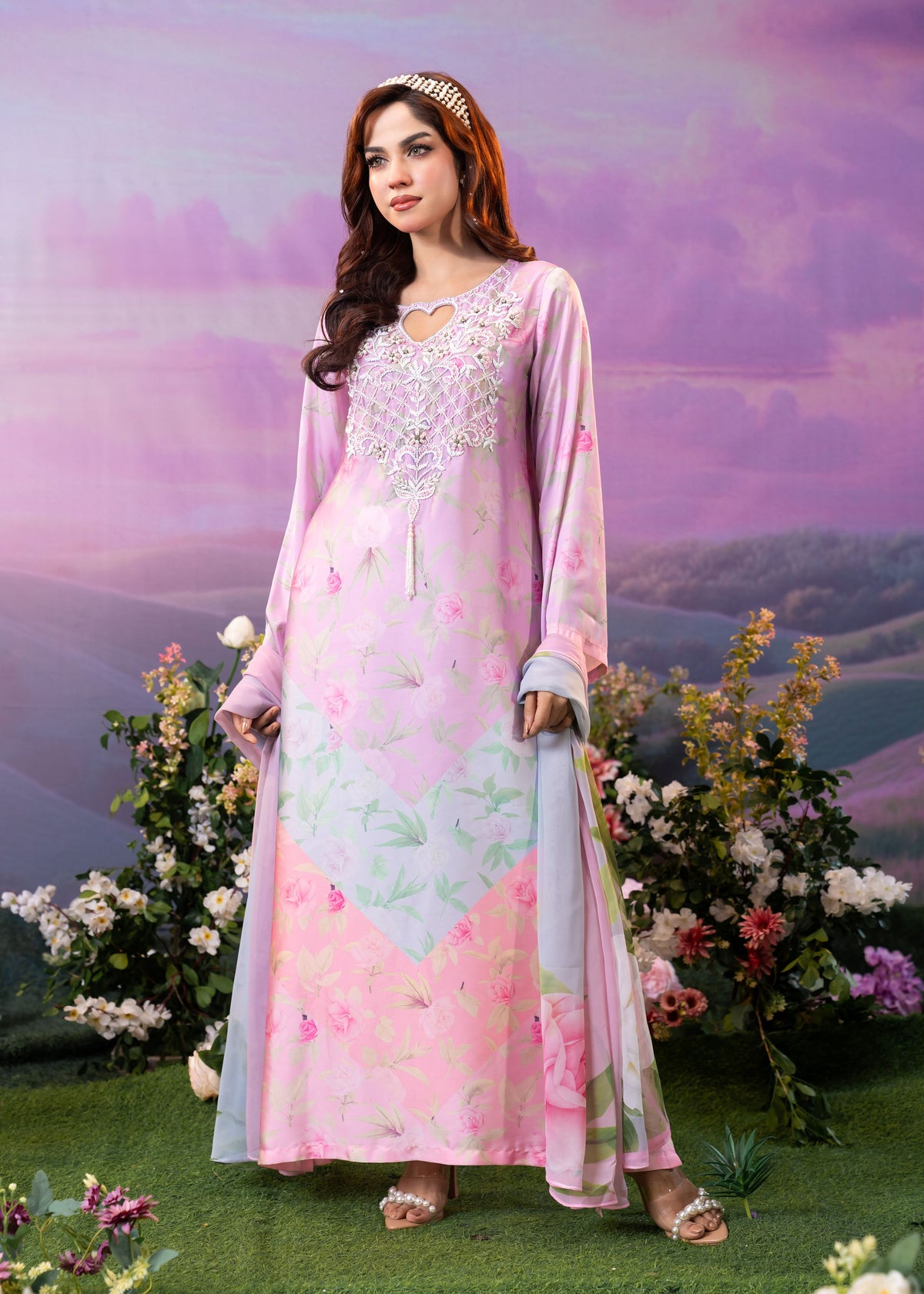 Pastel Pink Floral Printed Kameez And Orna Set