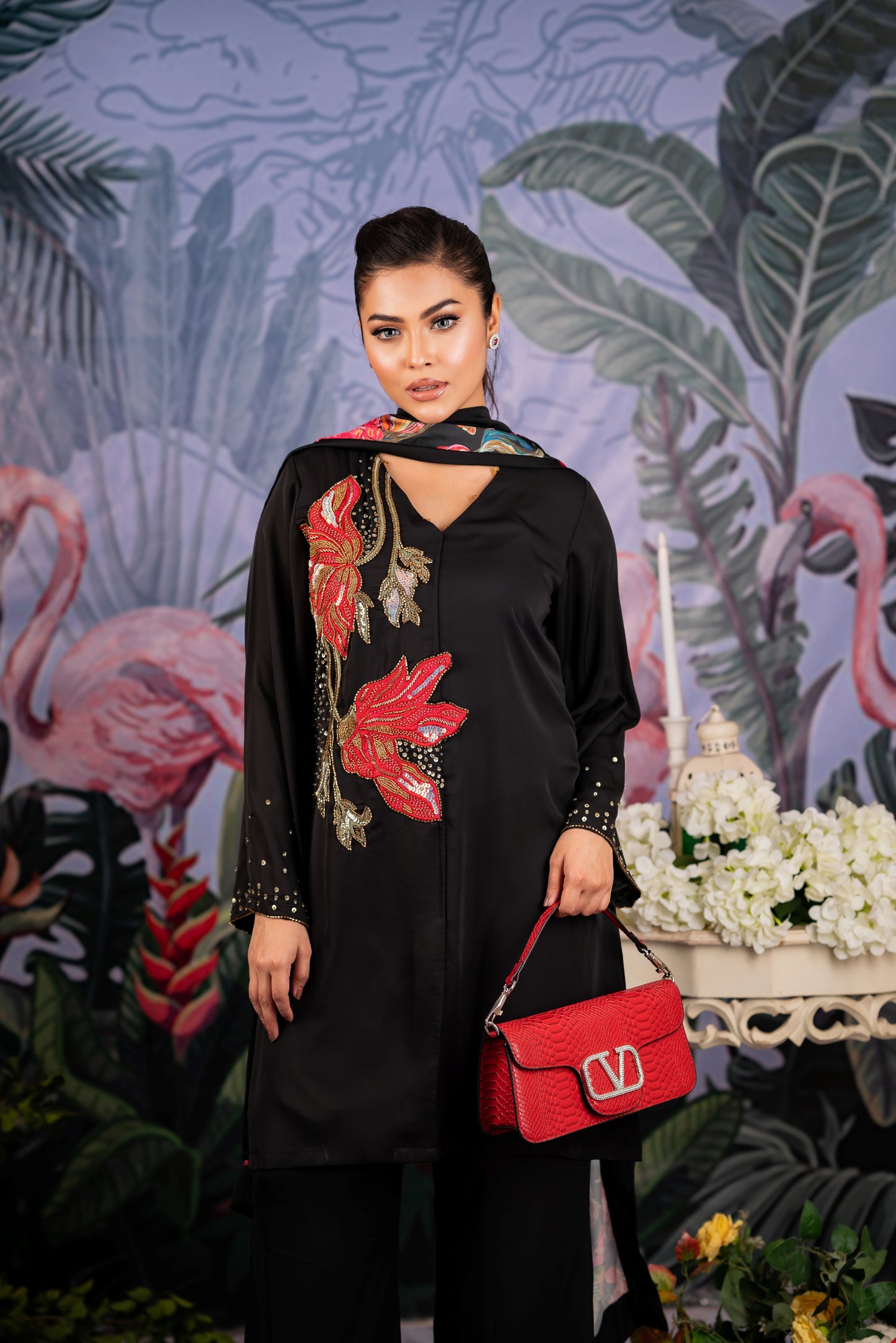 Elegant Black Floral Embroidered Suit