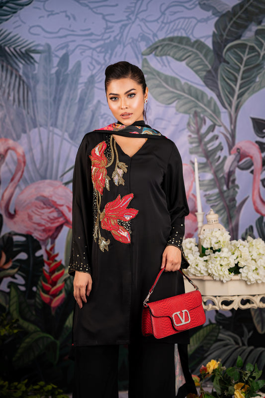 Elegant Black Floral Embroidered Suit