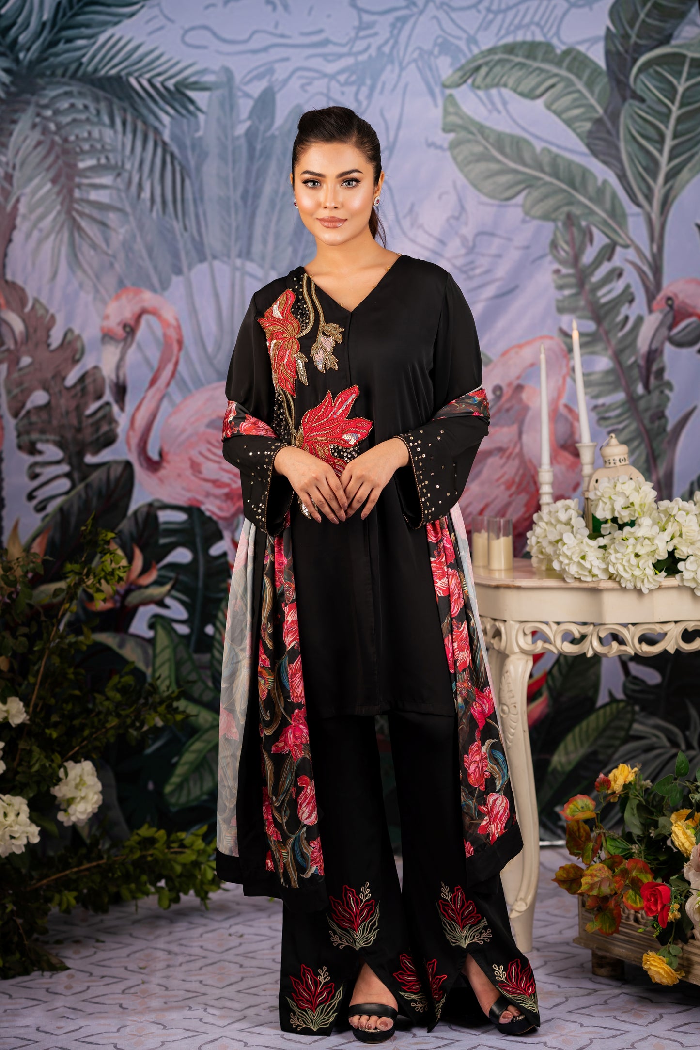 Elegant Black Floral Embroidered Suit