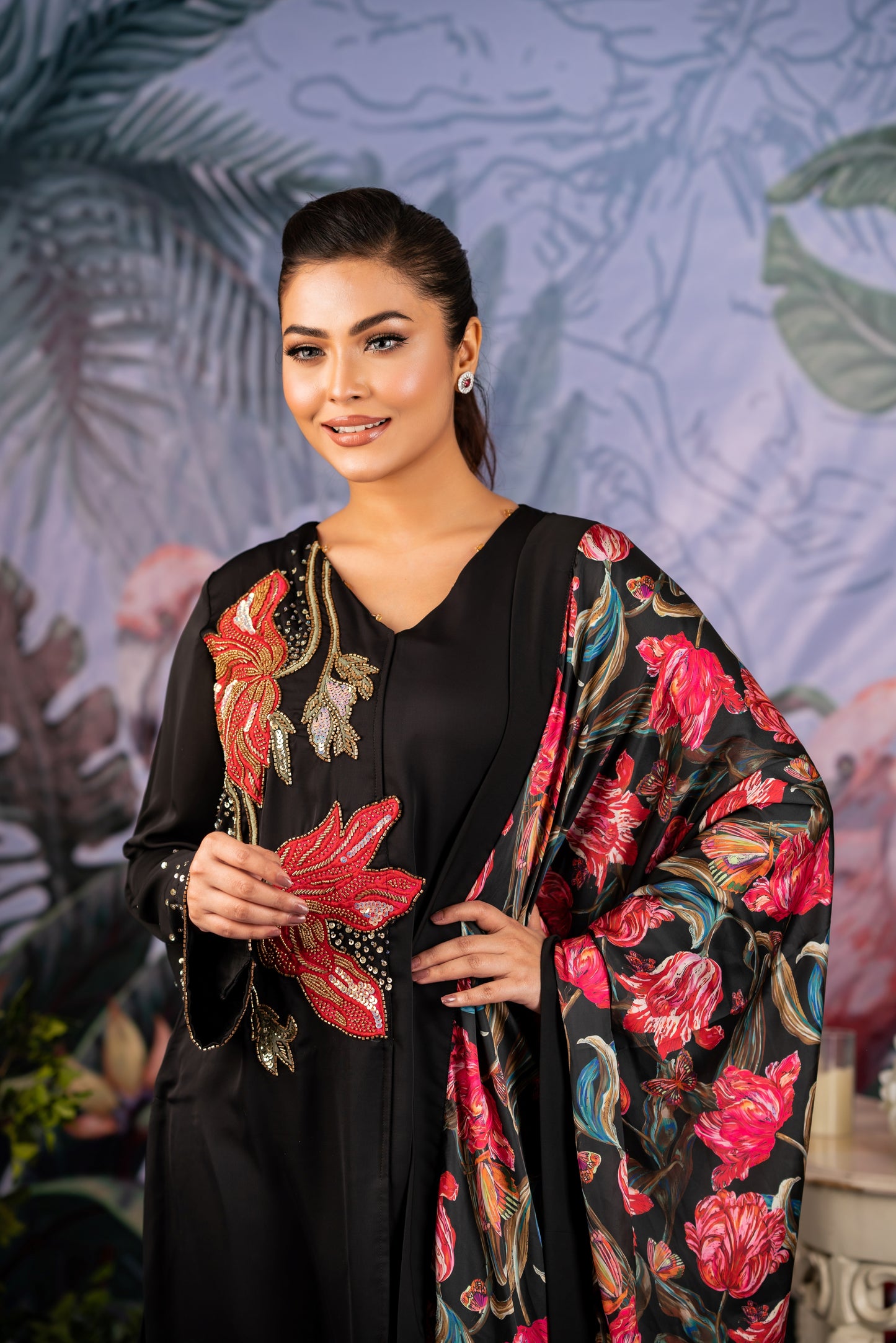 Elegant Black Floral Embroidered Suit
