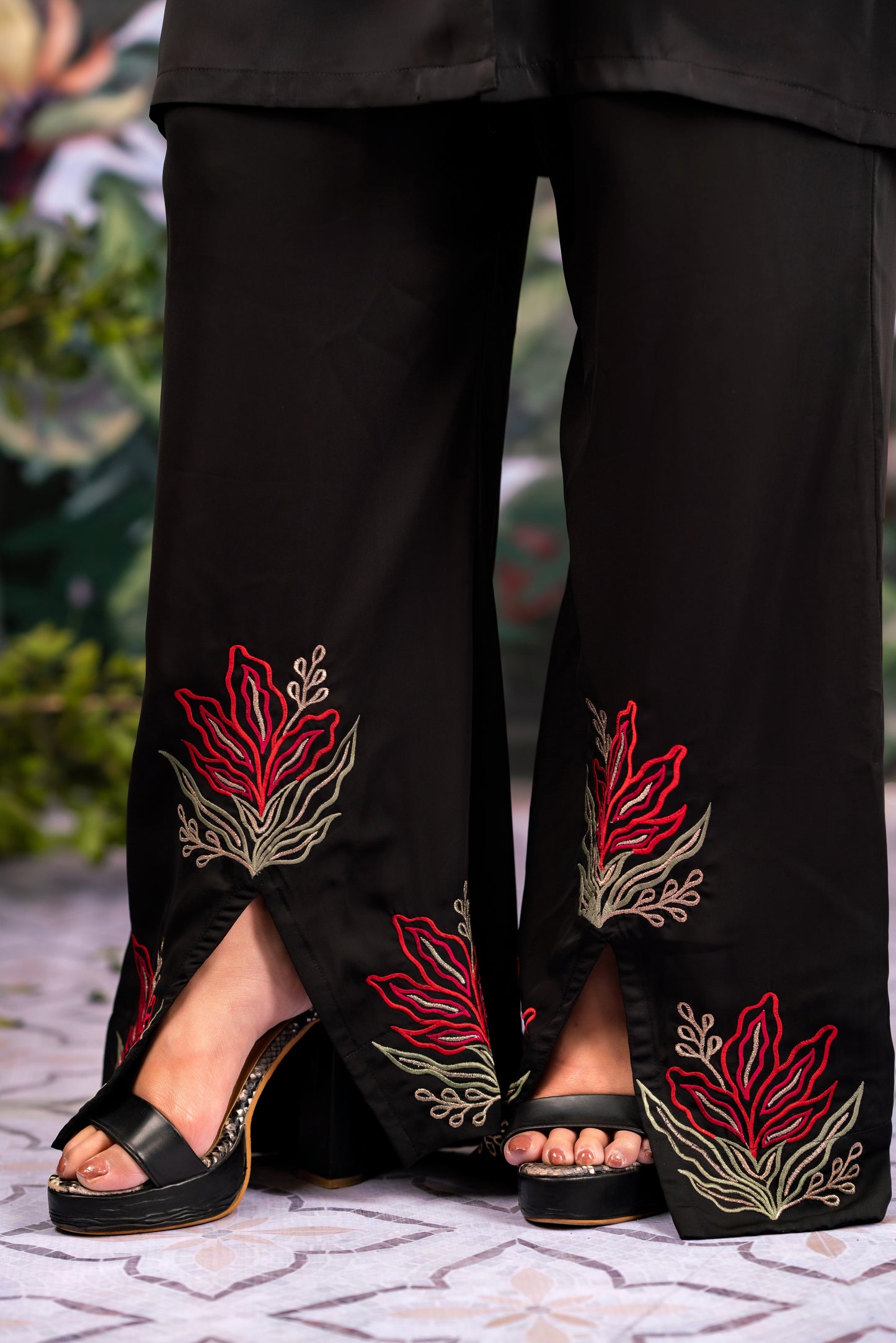 Elegant Black Floral Embroidered Suit