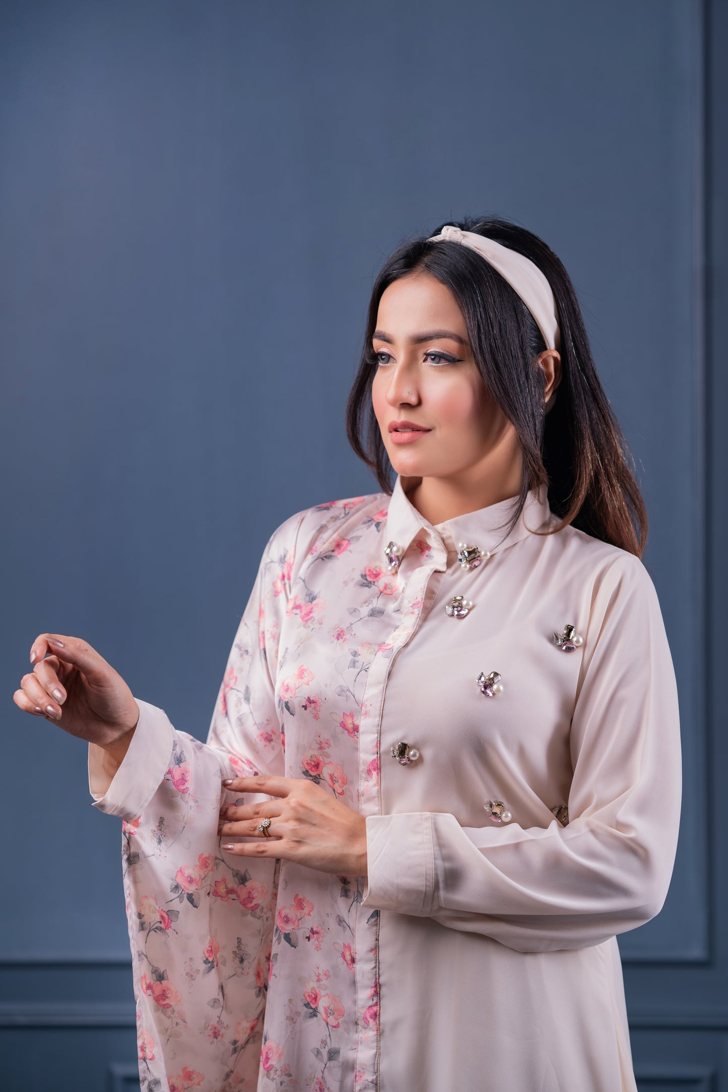 Floral Sheer-Sleeved Shirt Set
