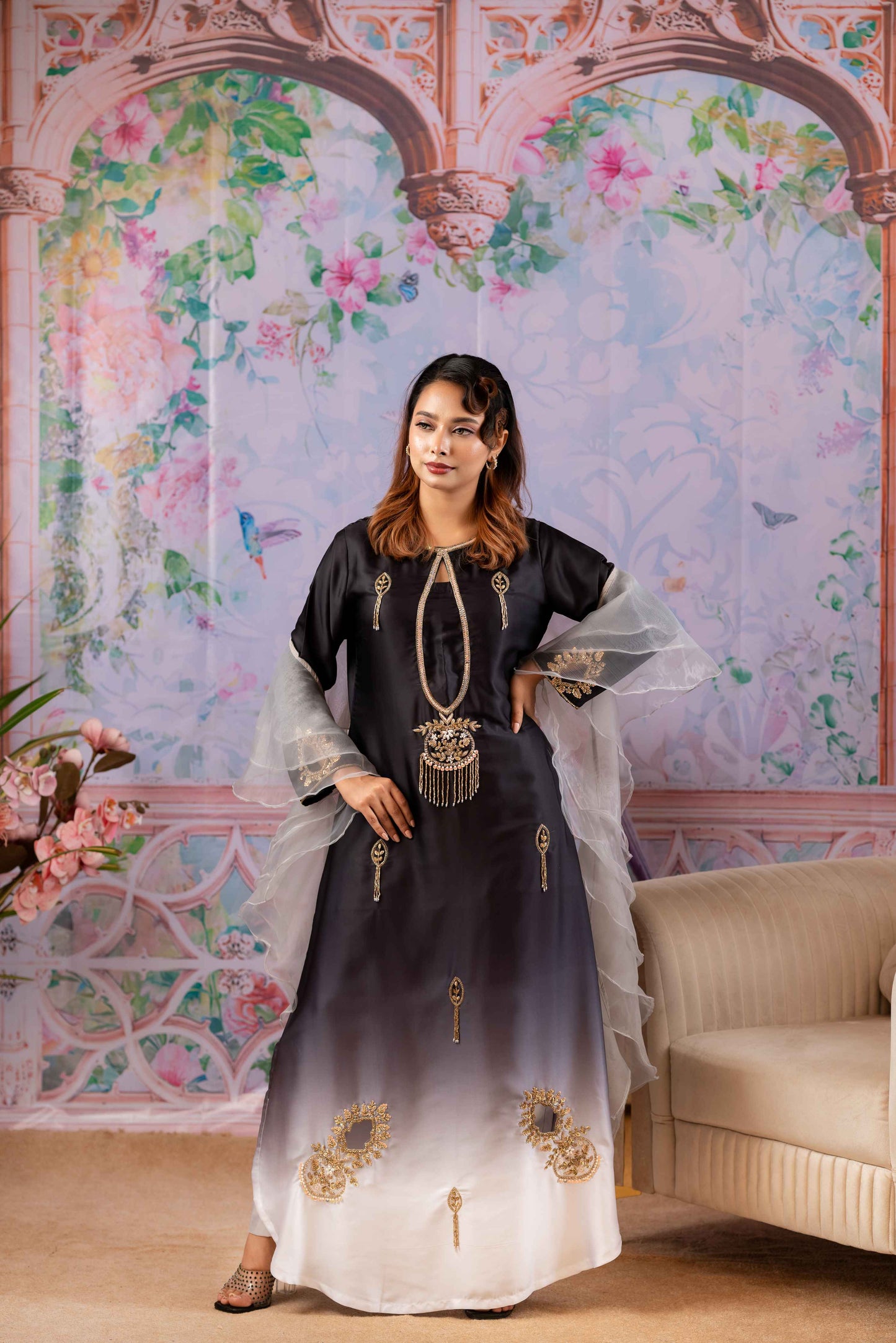 Black Ivory Ombre Zardozi Kameez