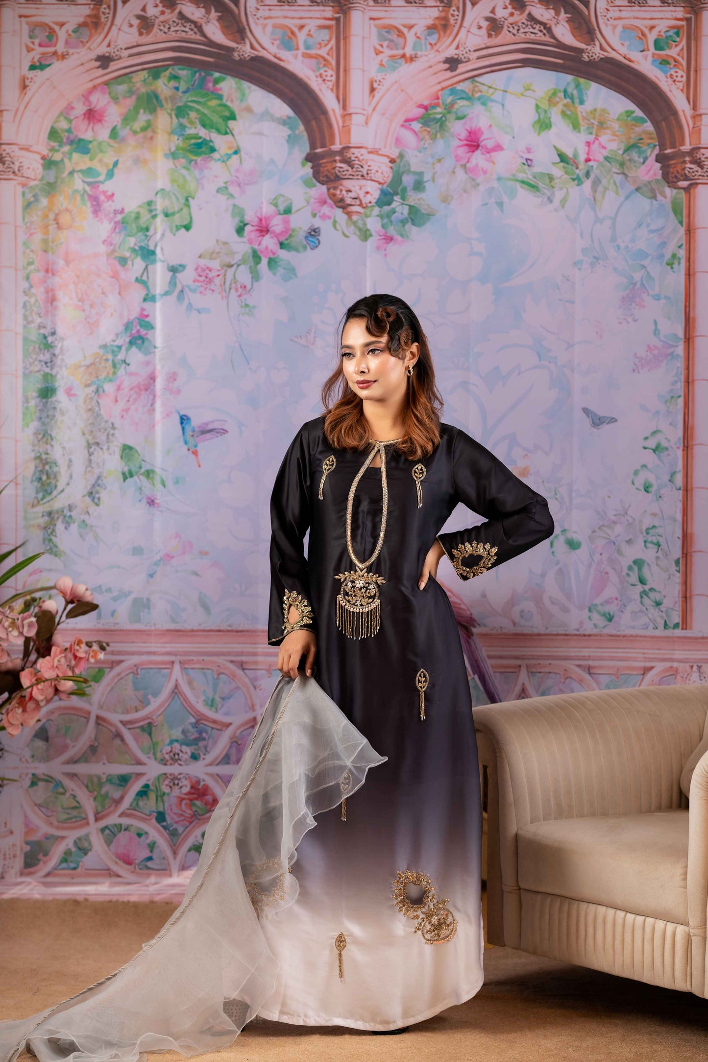 Black Ivory Ombre Zardozi Kameez