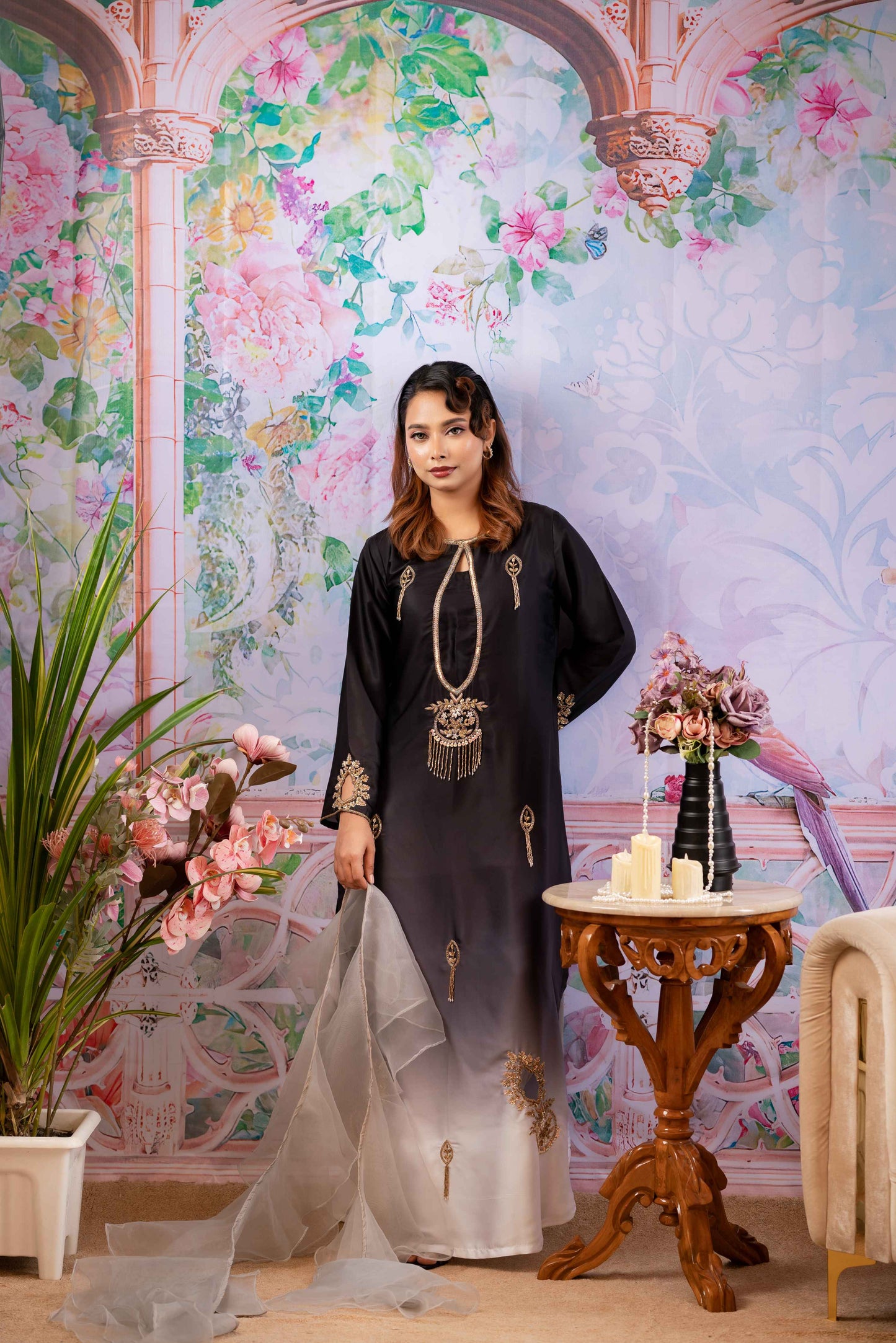 Black Ivory Ombre Zardozi Kameez