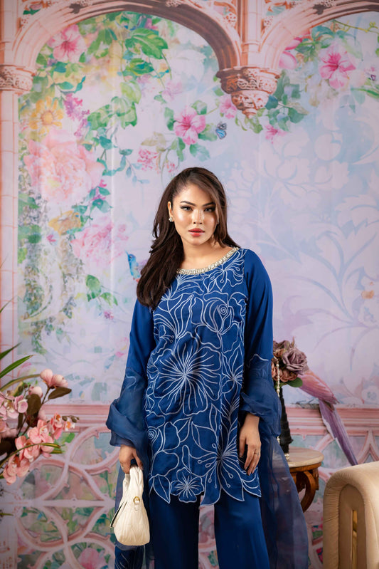 Royal Bloom – Navy Blue Embroidered Three-Piece Suit