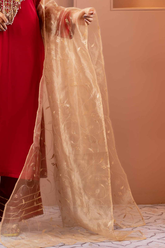 Champagne Gold Organza Dupatta with Delicate Embroidery