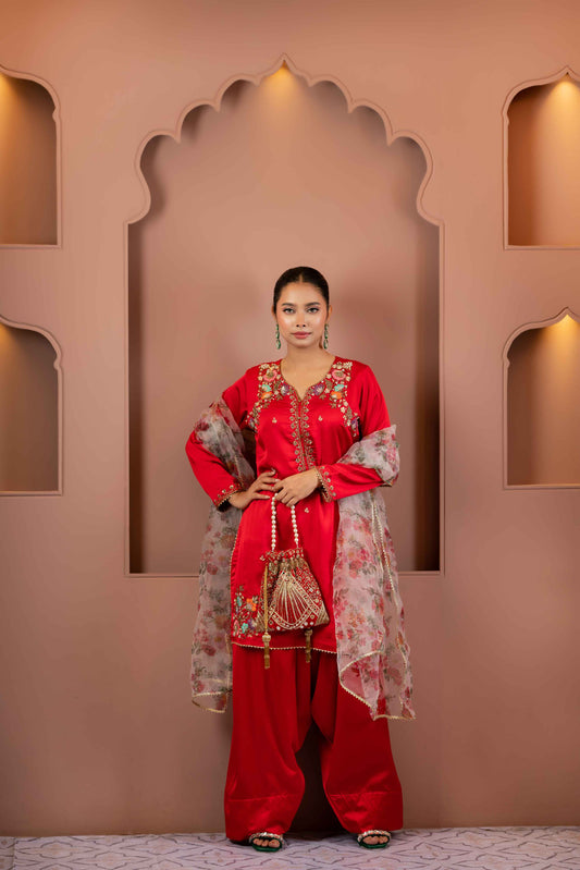 Scarlet Bloom Karchupi Kameez Set
