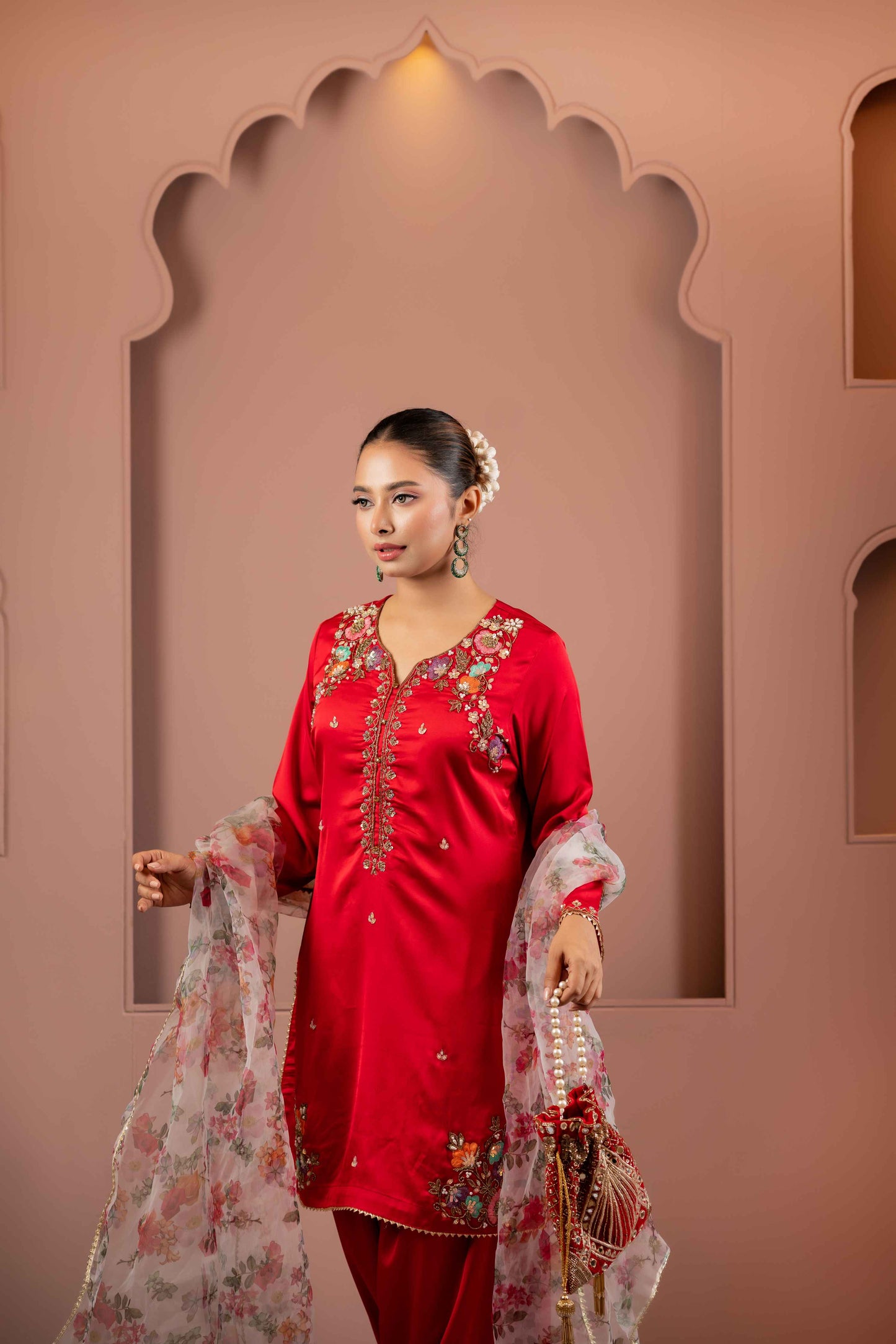 Scarlet Bloom Karchupi Kameez Set