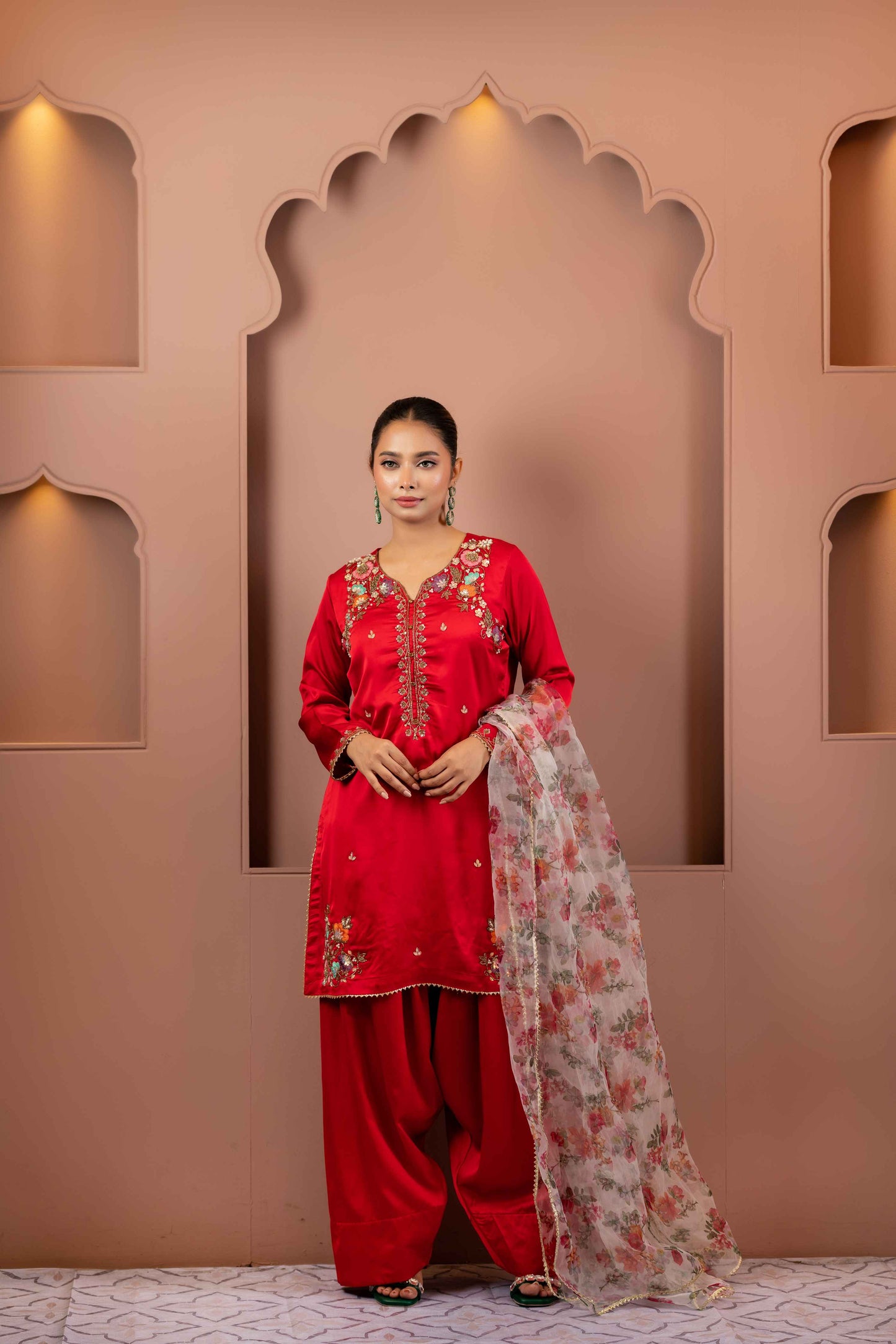 Scarlet Bloom Karchupi Kameez Set