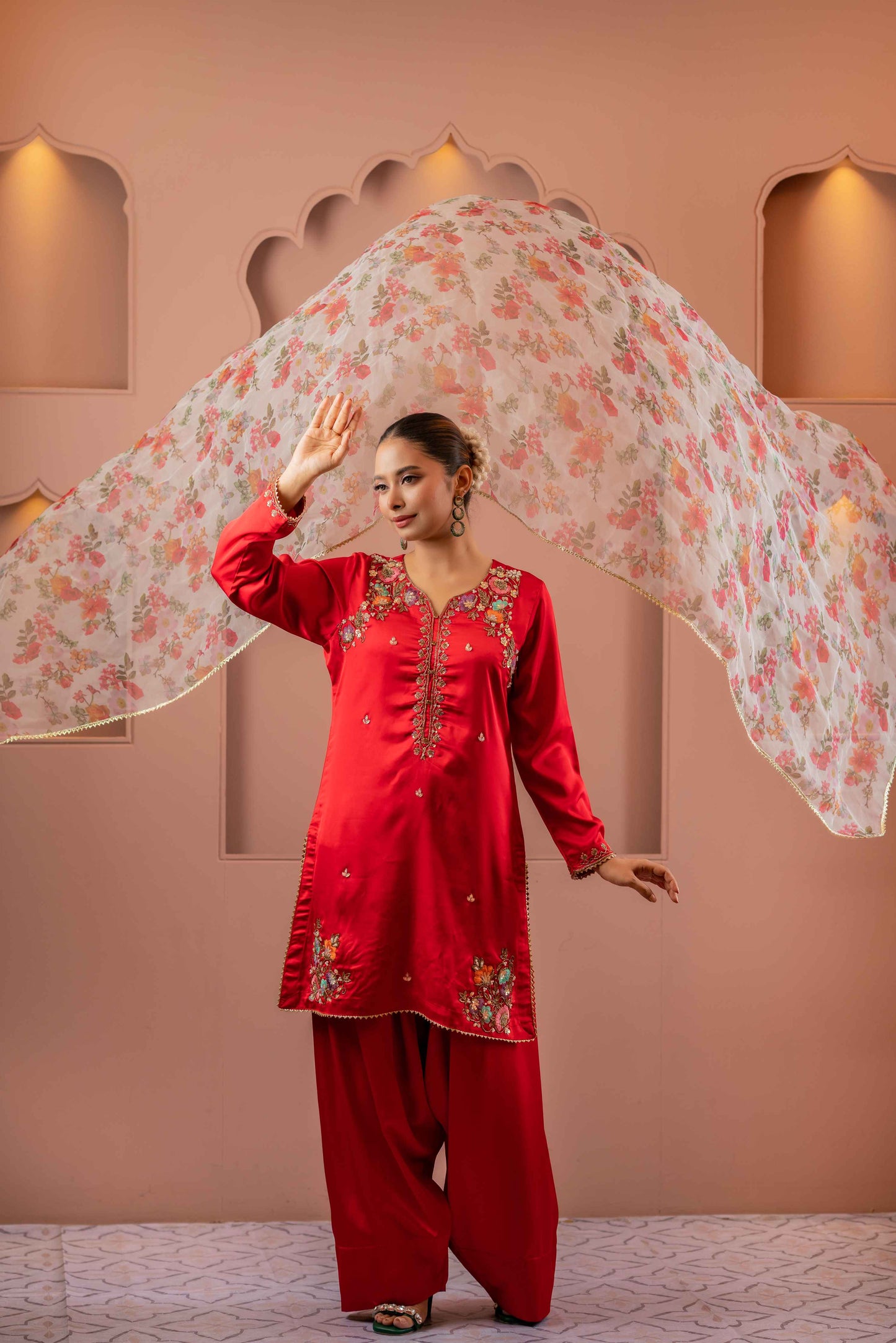 Scarlet Bloom Karchupi Kameez Set