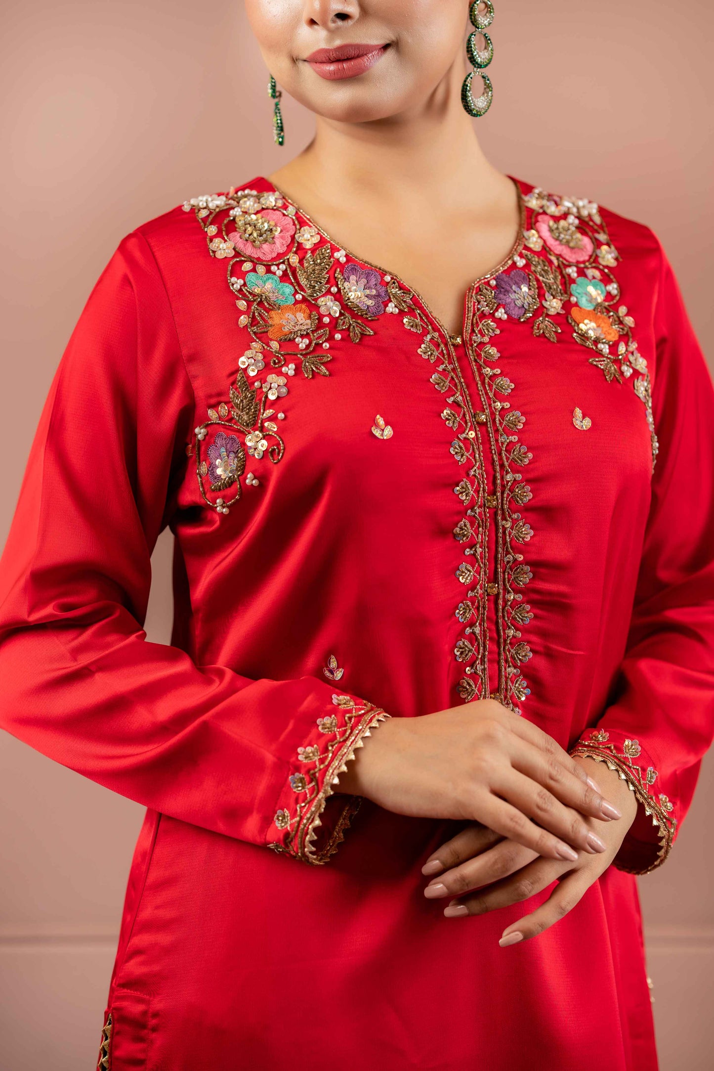 Scarlet Bloom Karchupi Kameez Set