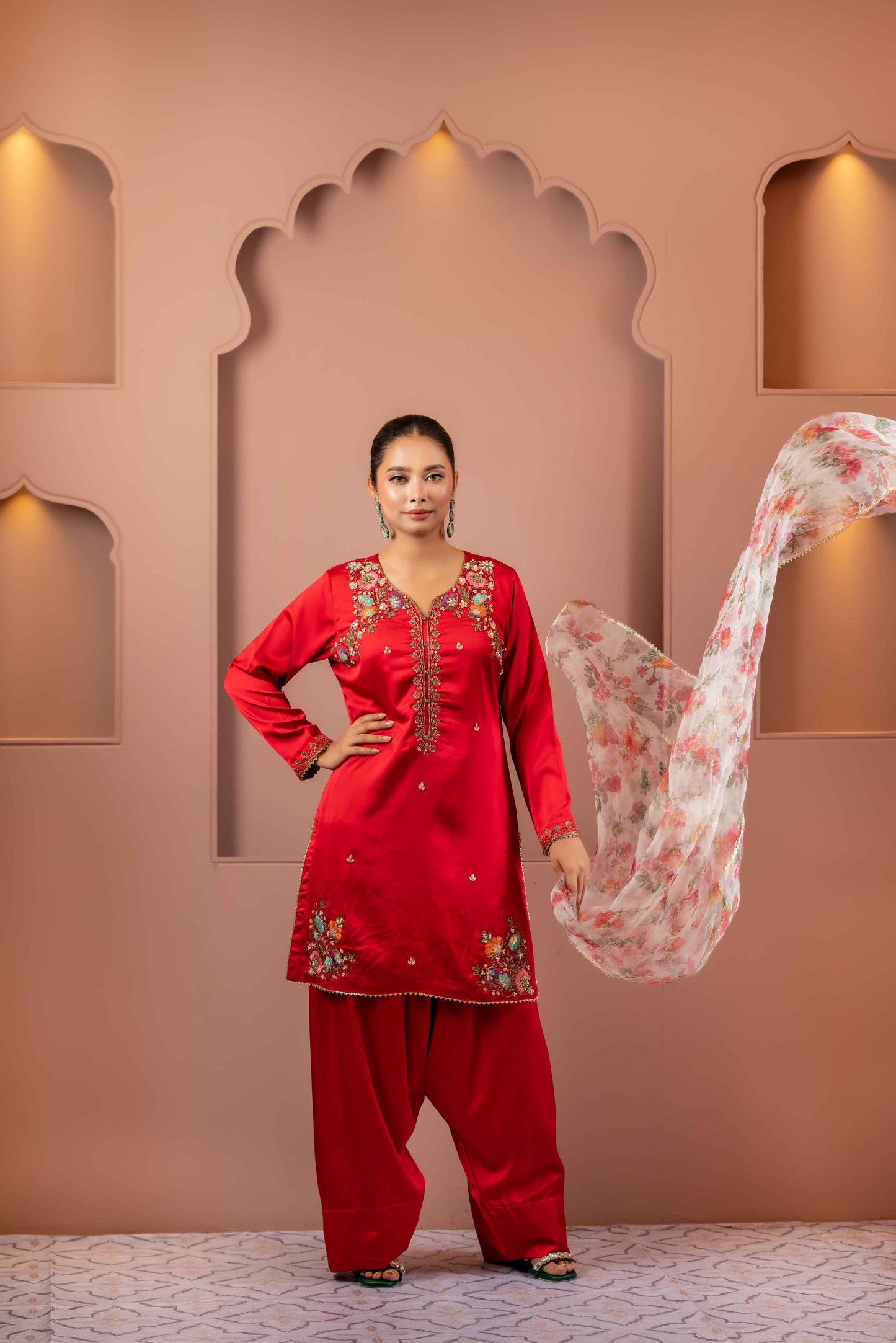 Scarlet Bloom Karchupi Kameez Set