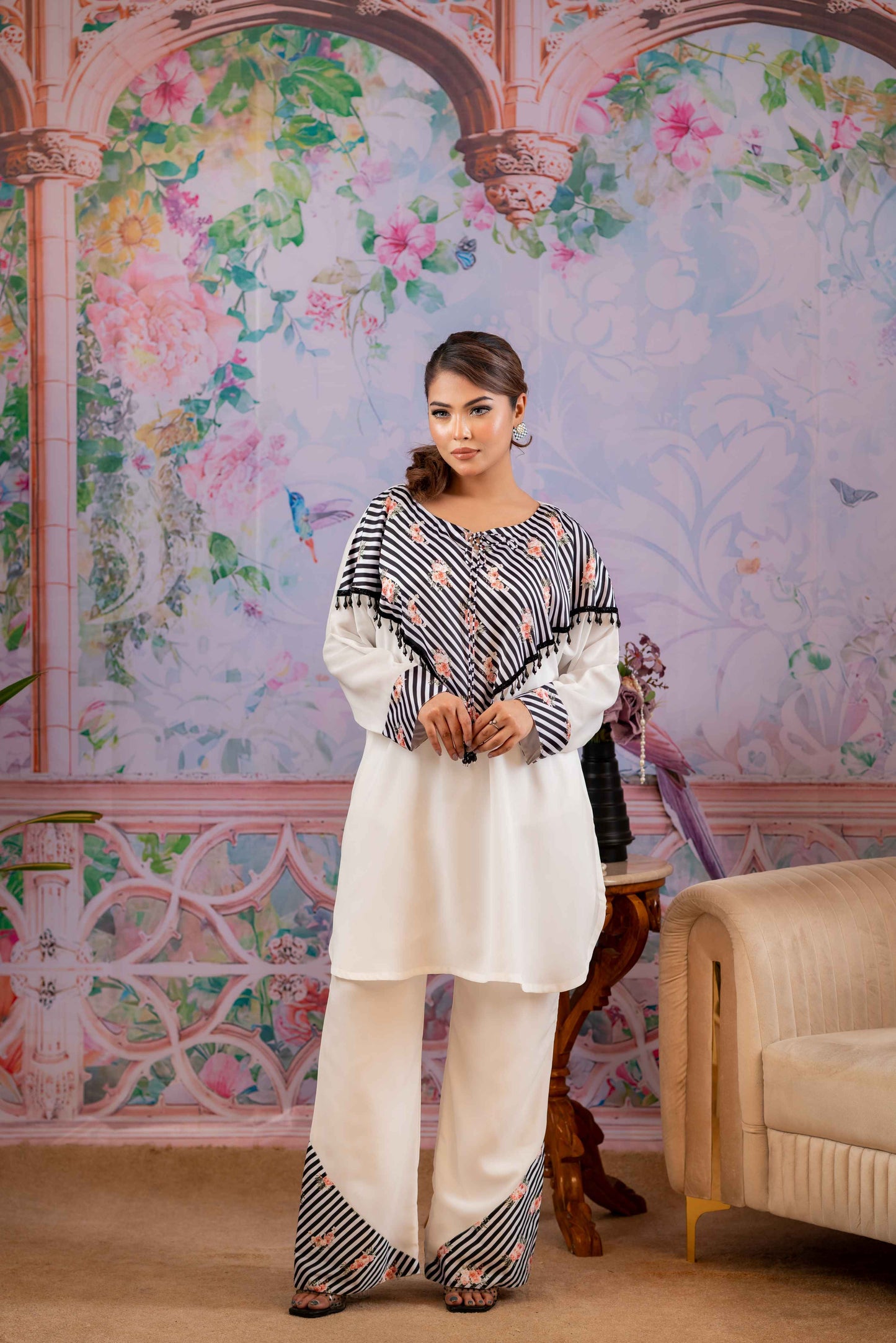 Chic Striped Floral Co-Ord Set in White