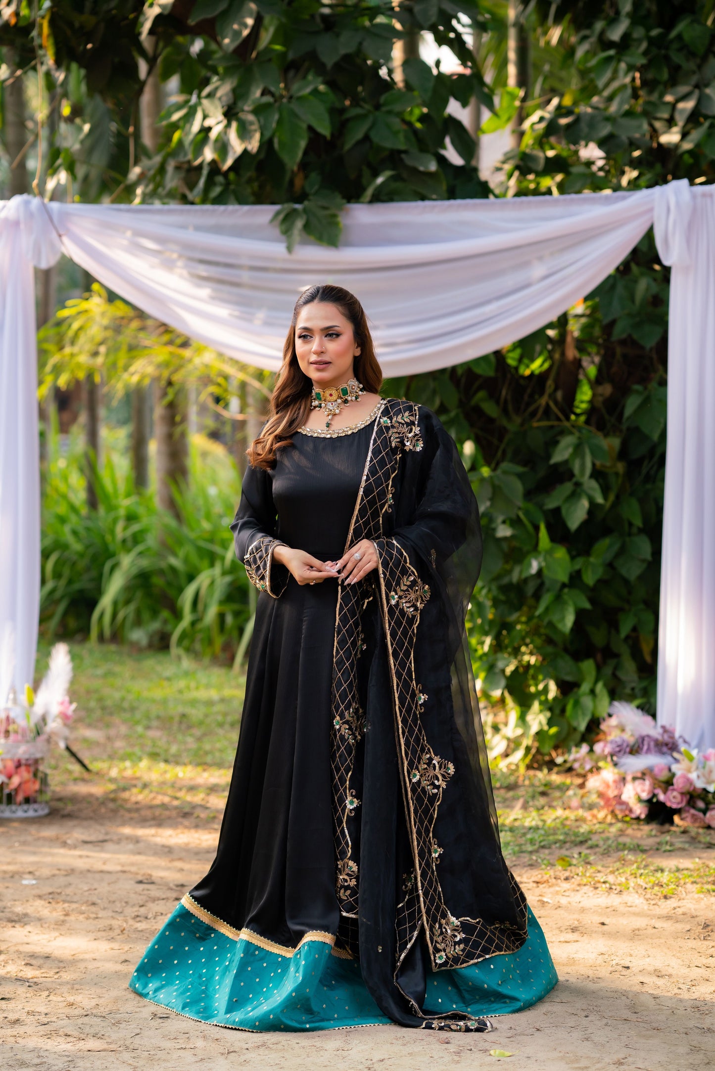 Midnight Majesty Embroidered Ensemble with Emerald Accents