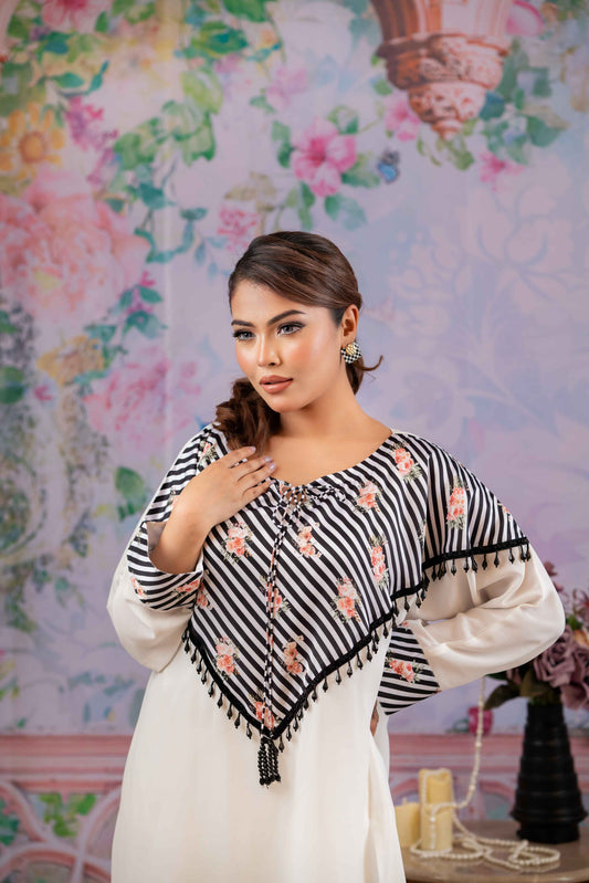 Chic Striped Floral Co-Ord Set in White