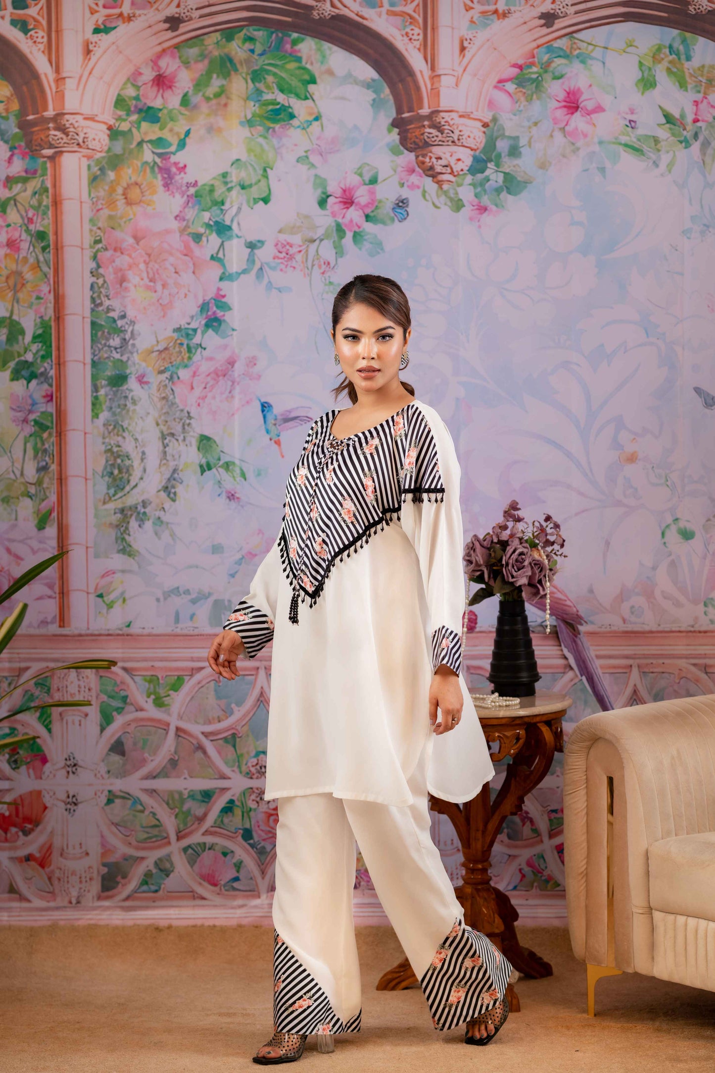 Chic Striped Floral Co-Ord Set in White
