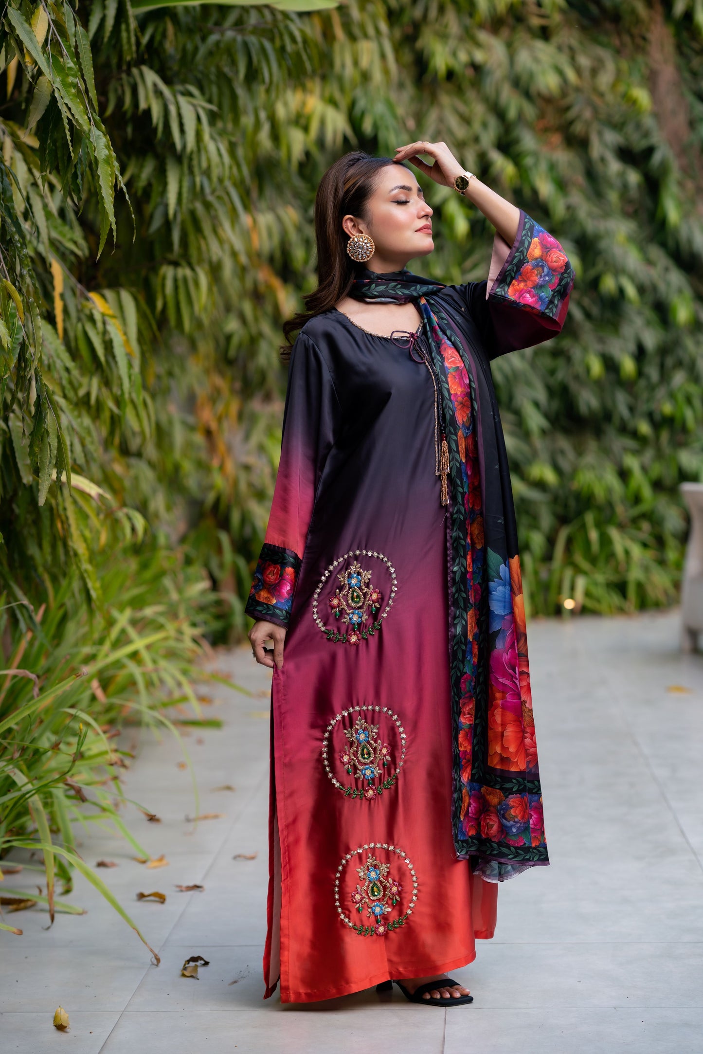 Midnight Bloom Ombre Embroidered Ensemble Three Piece set