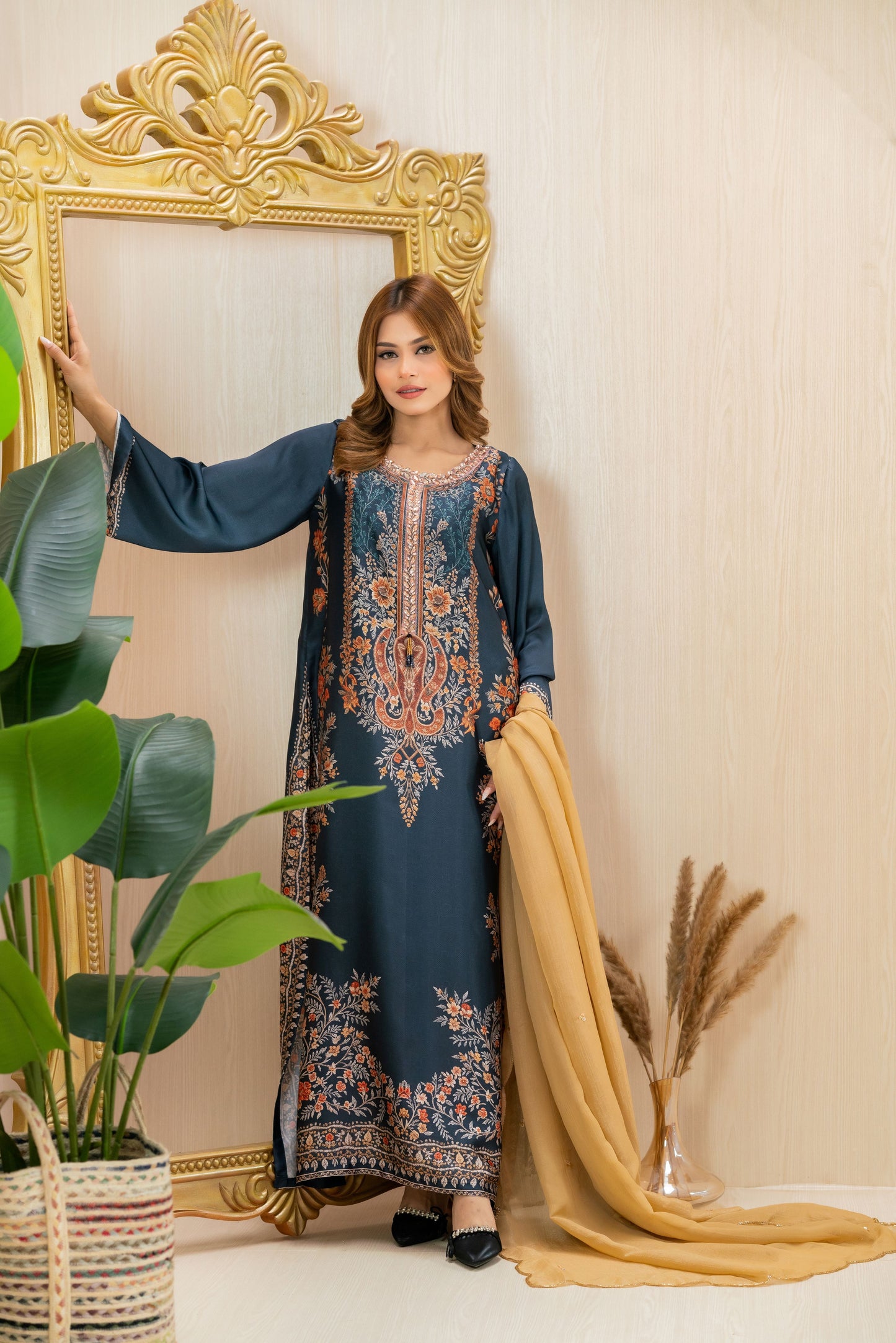 Midnight Teal Heritage Long Kameez
