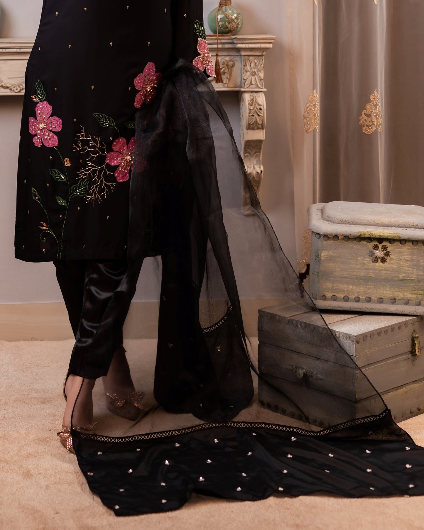 Elegant Black Embroidered Dupatta